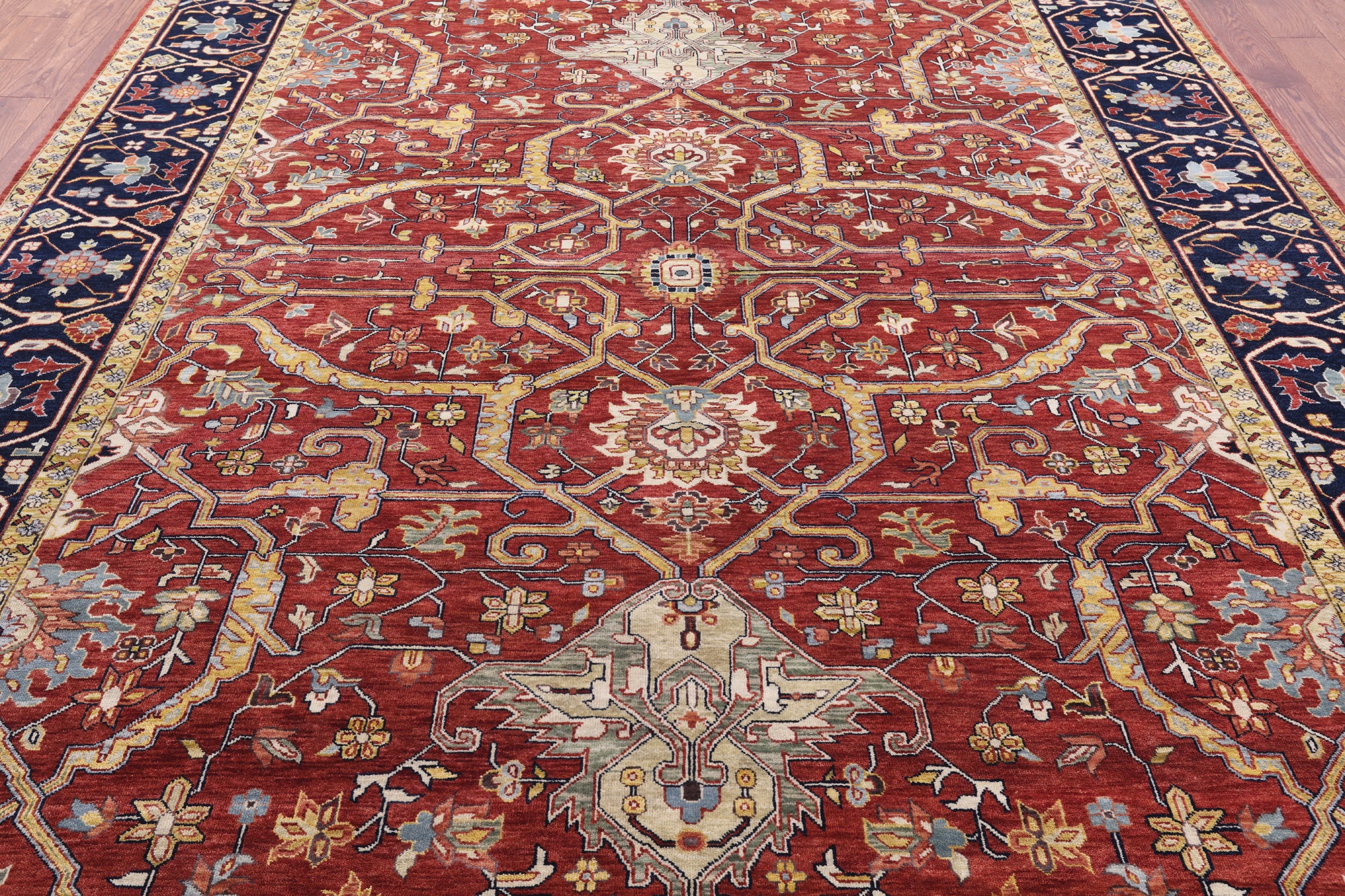 Red Persian Fine Serapi Hand Knotted Wool Rug - 9' 0" X 11' 11" - Golden Nile