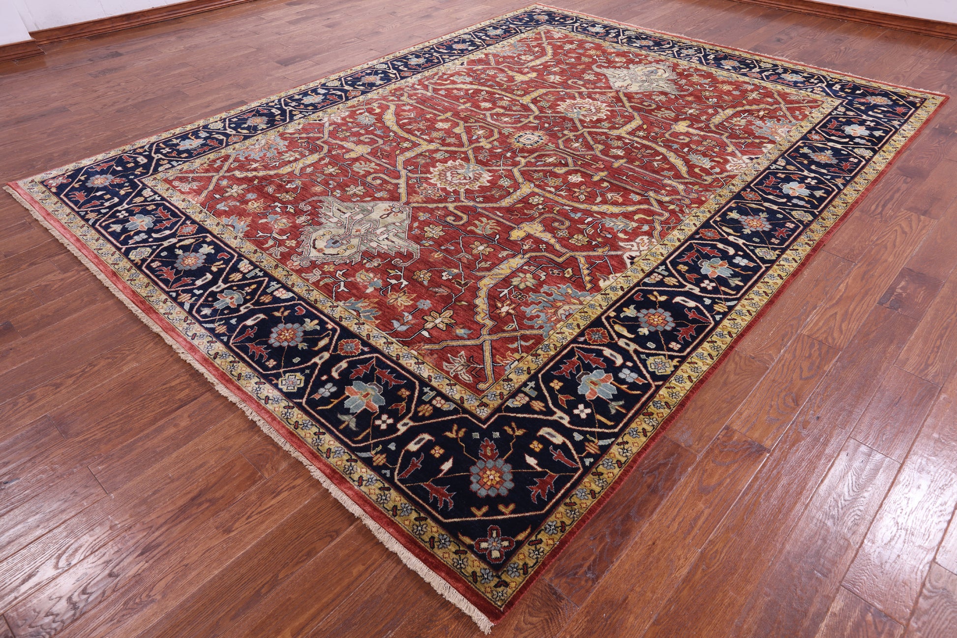 Red Persian Fine Serapi Hand Knotted Wool Rug - 9' 0" X 11' 11" - Golden Nile