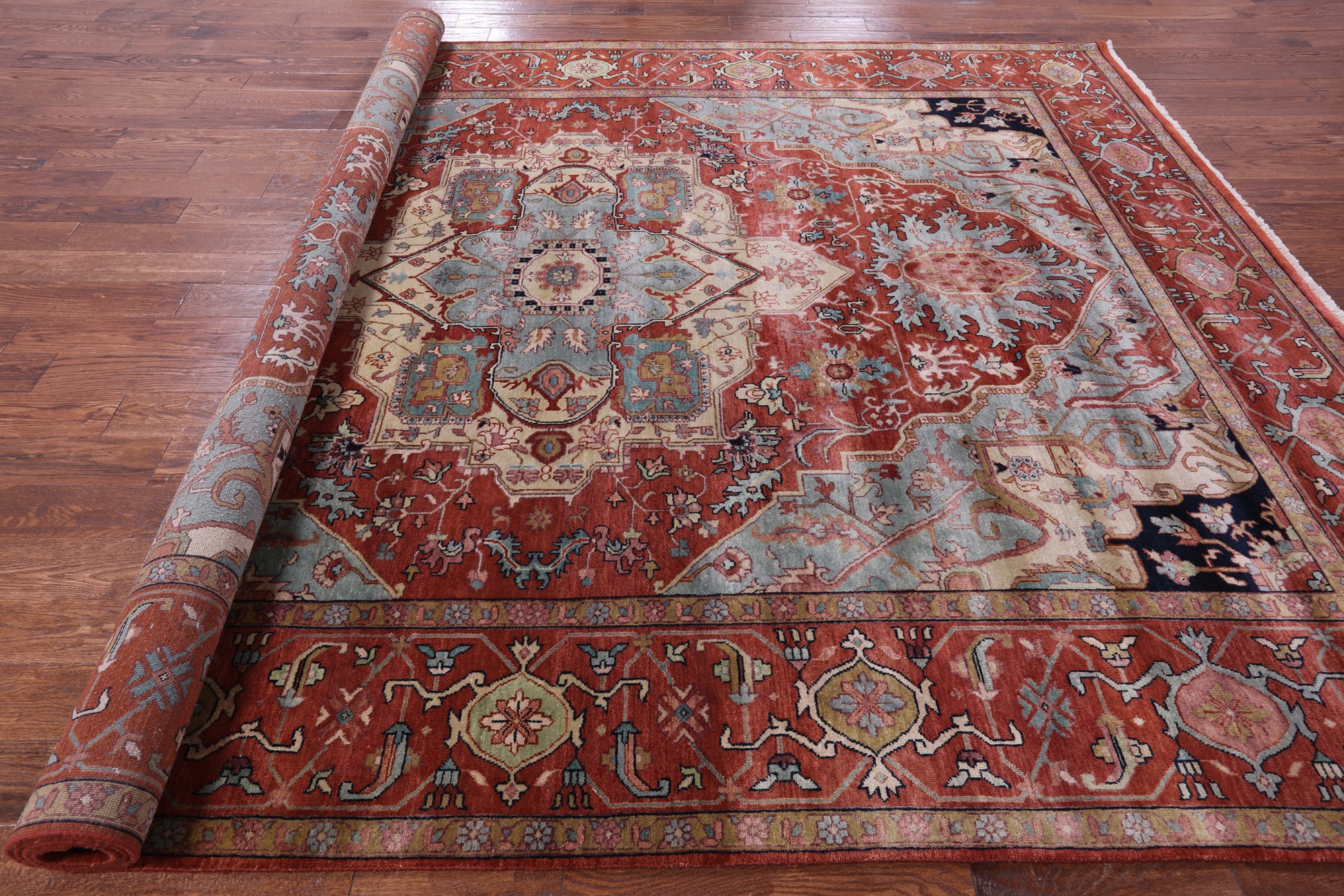 Rust Persian Fine Serapi Hand Knotted Wool Rug - 9' 0" X 11' 10" - Golden Nile