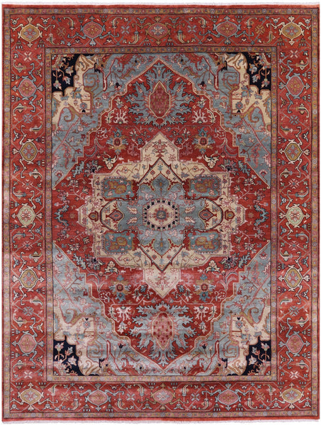 Rust Persian Fine Serapi Hand Knotted Wool Rug - 9' 0" X 11' 10" - Golden Nile