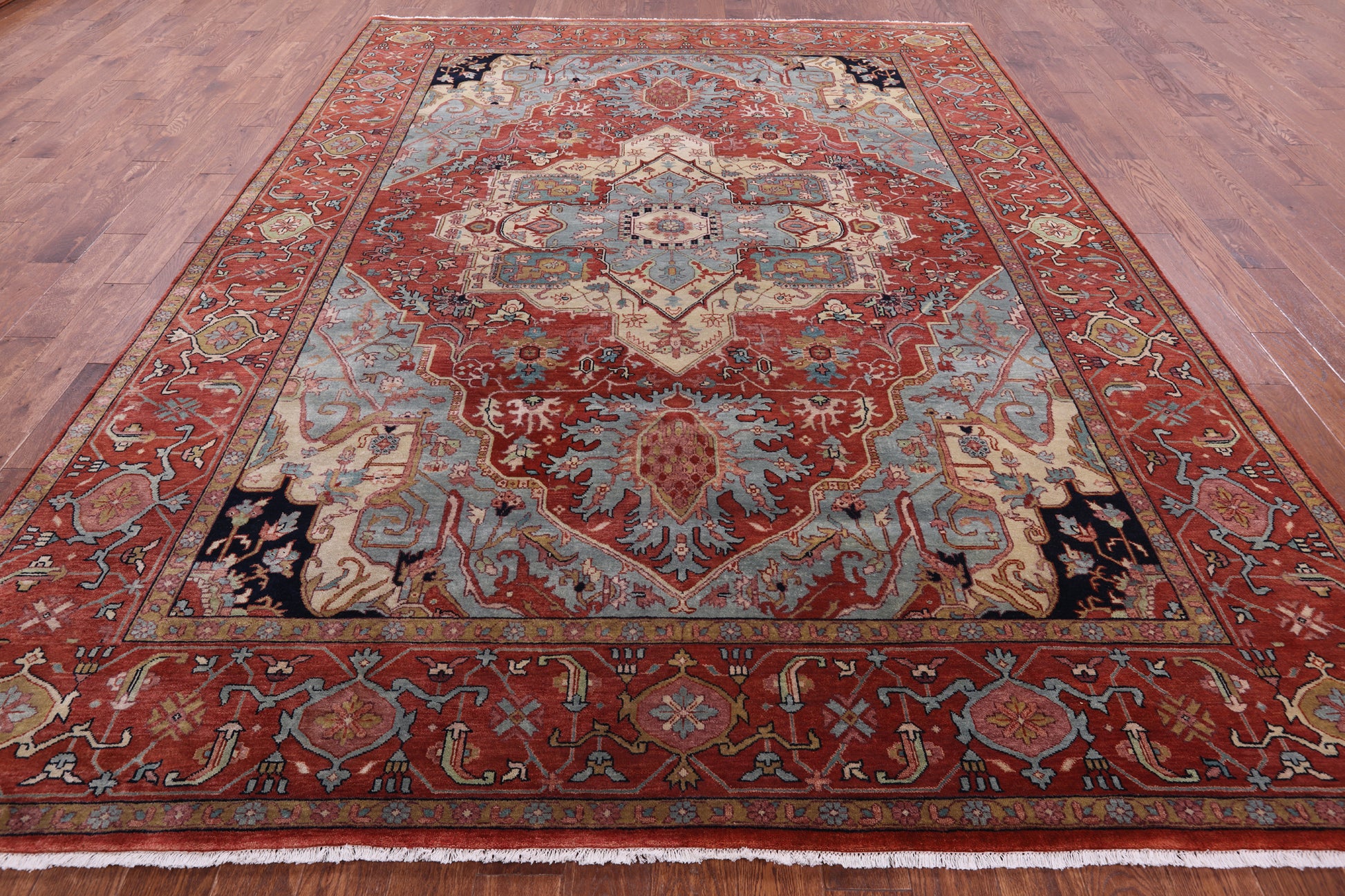 Rust Persian Fine Serapi Hand Knotted Wool Rug - 9' 0" X 11' 10" - Golden Nile