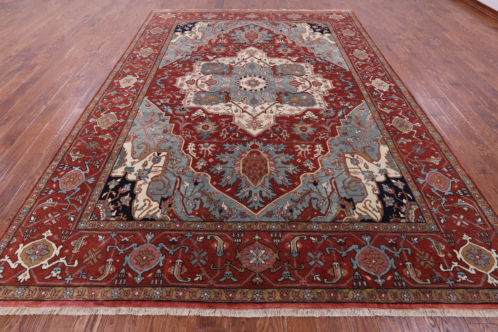 Red Persian Fine Serapi Hand Knotted Wool Rug - 8' 10" X 12' 0" - Golden Nile