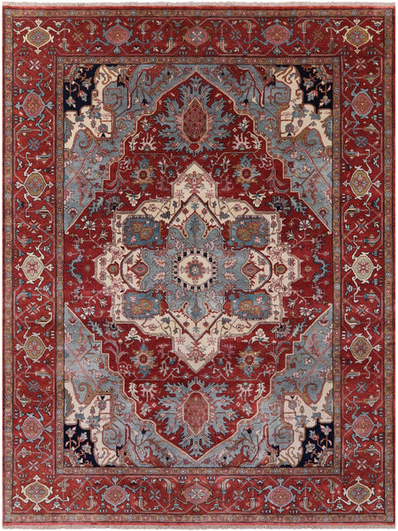 Red Persian Fine Serapi Hand Knotted Wool Rug - 8' 10" X 12' 0" - Golden Nile