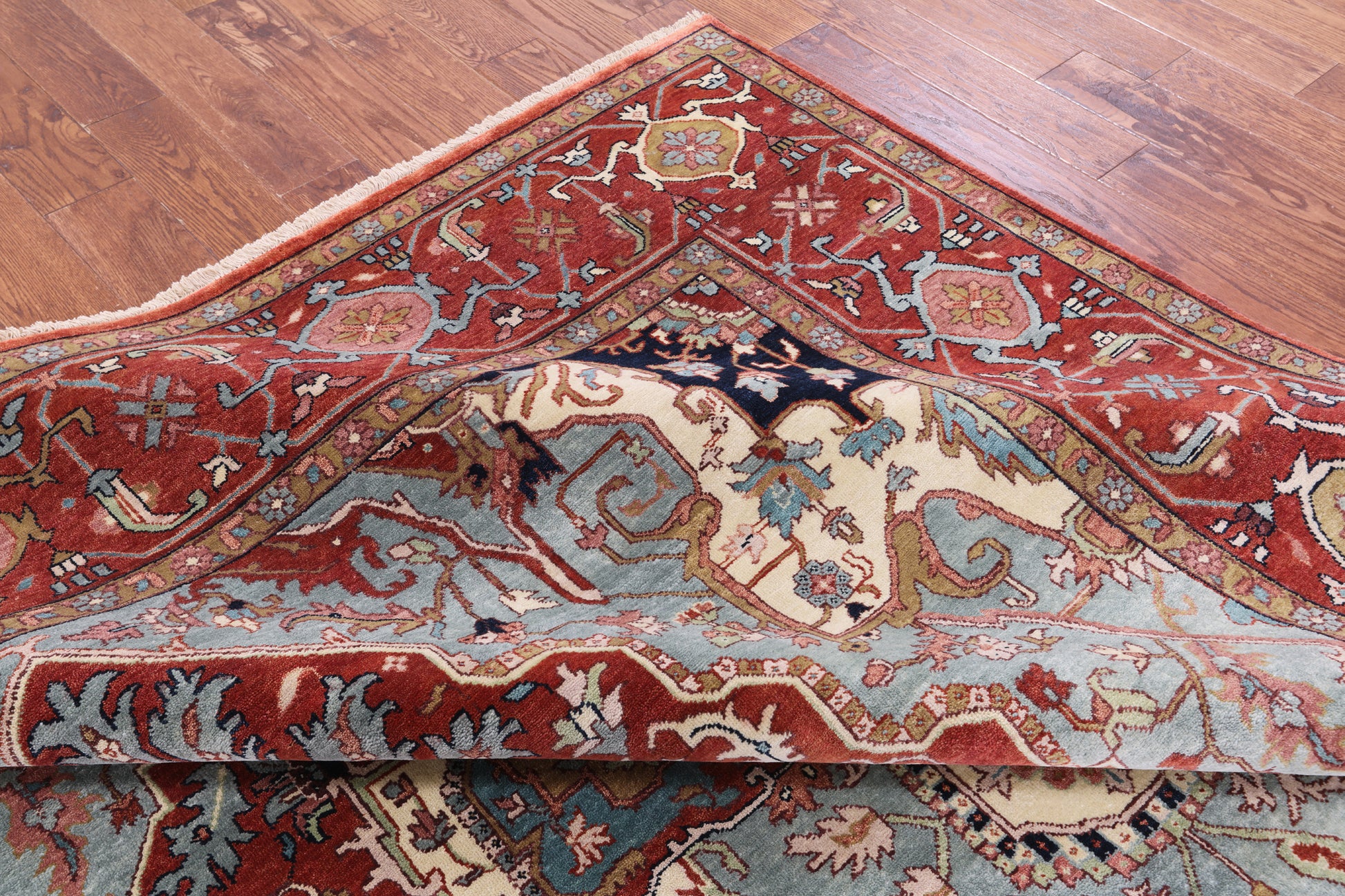 Red Persian Fine Serapi Hand Knotted Wool Rug - 8' 10" X 12' 0" - Golden Nile