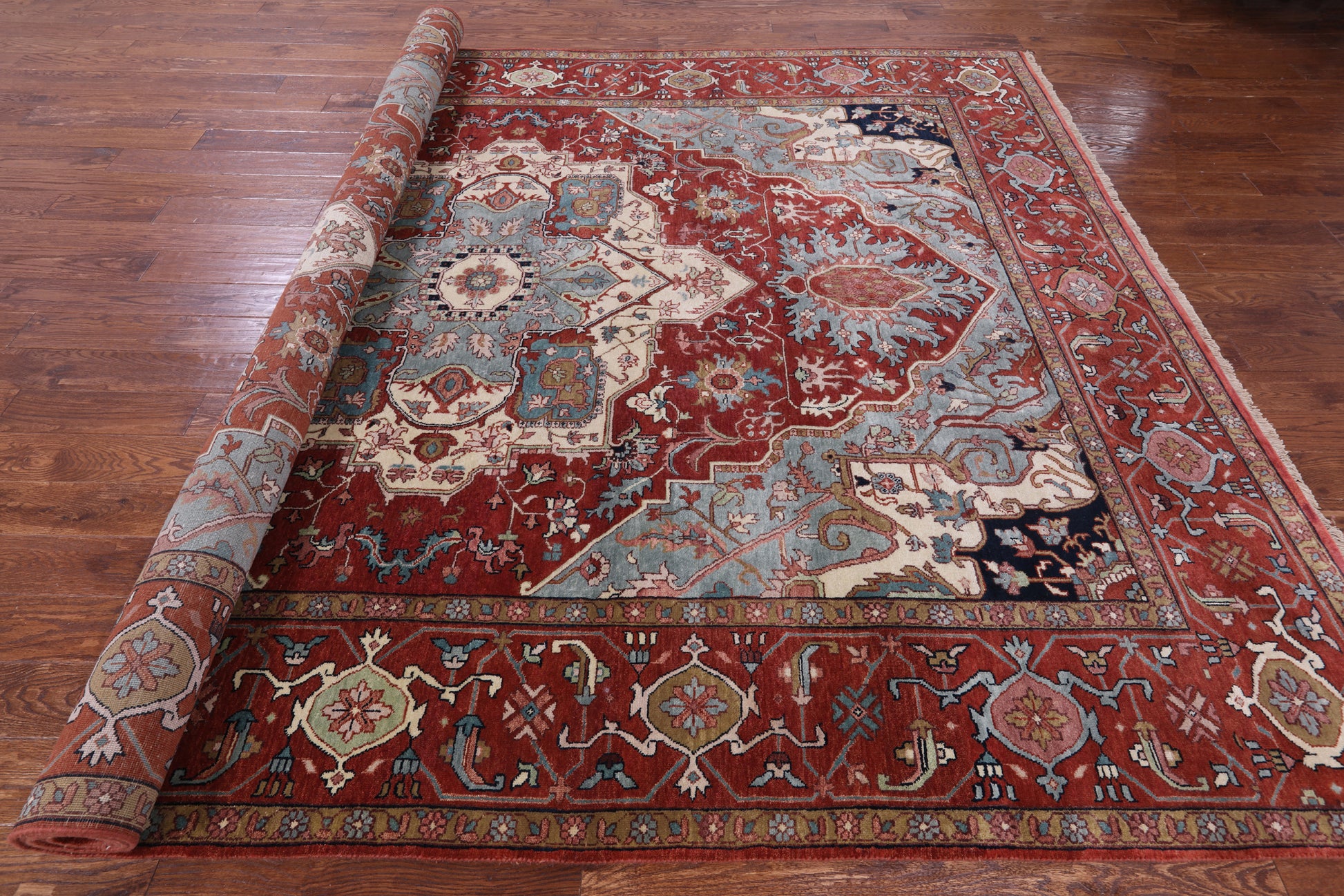 Red Persian Fine Serapi Hand Knotted Wool Rug - 8' 10" X 12' 0" - Golden Nile