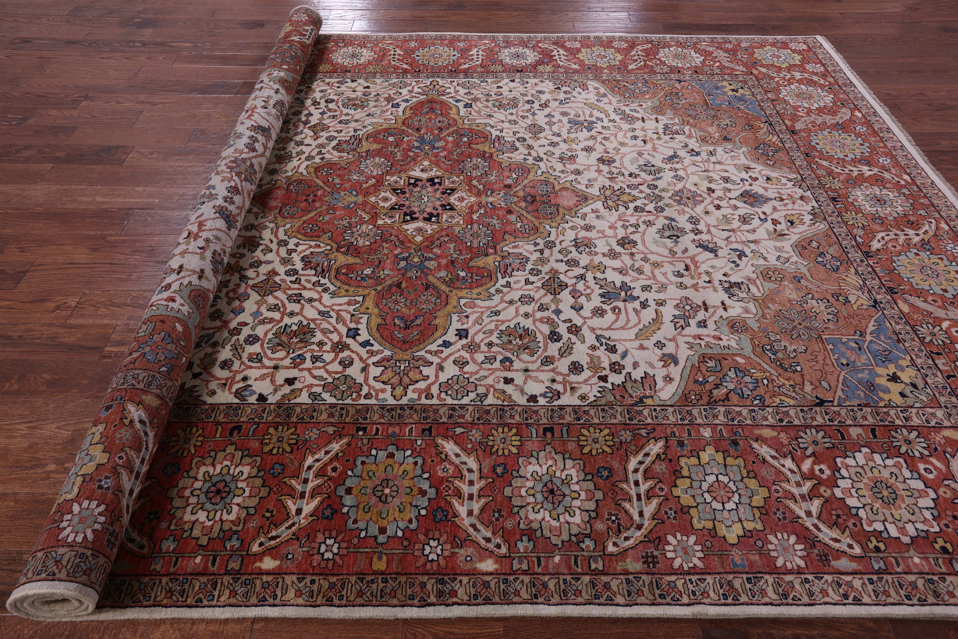 Ivory Persian Fine Serapi Hand Knotted Wool Rug - 8' 8" X 11' 9" - Golden Nile
