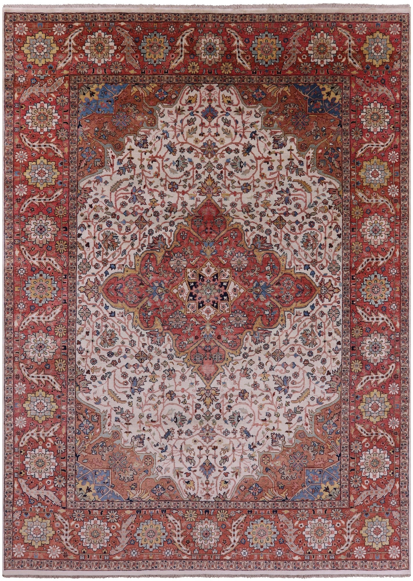Ivory Persian Fine Serapi Hand Knotted Wool Rug - 8' 8" X 11' 9" - Golden Nile