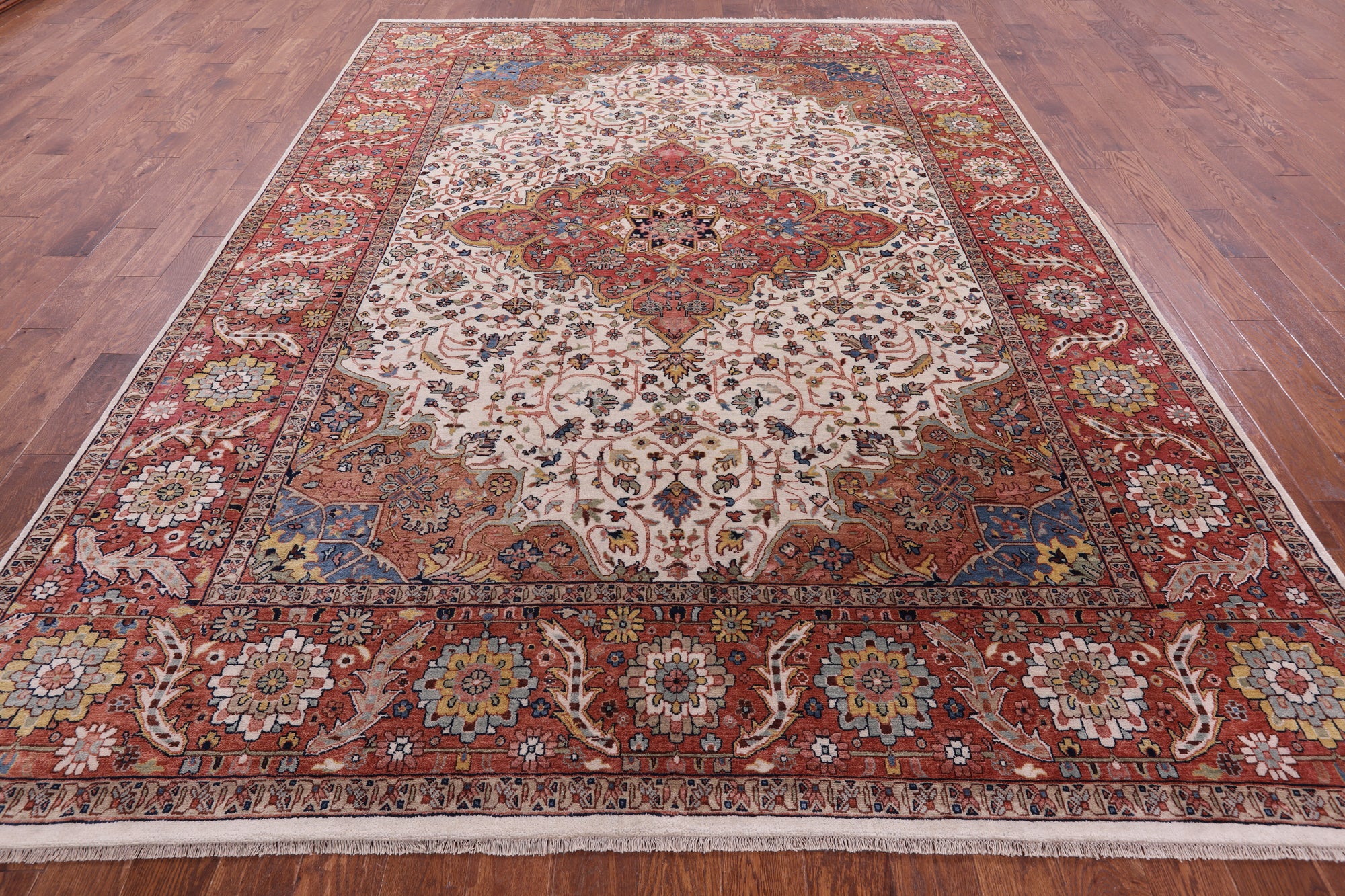 Ivory Persian Fine Serapi Hand Knotted Wool Rug - 8' 8" X 11' 9" - Golden Nile