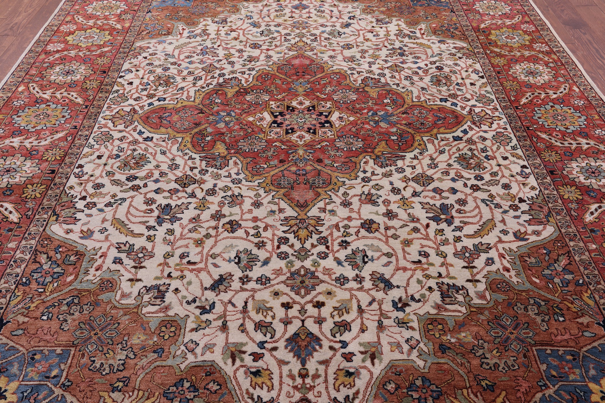 Ivory Persian Fine Serapi Hand Knotted Wool Rug - 8' 8" X 11' 9" - Golden Nile