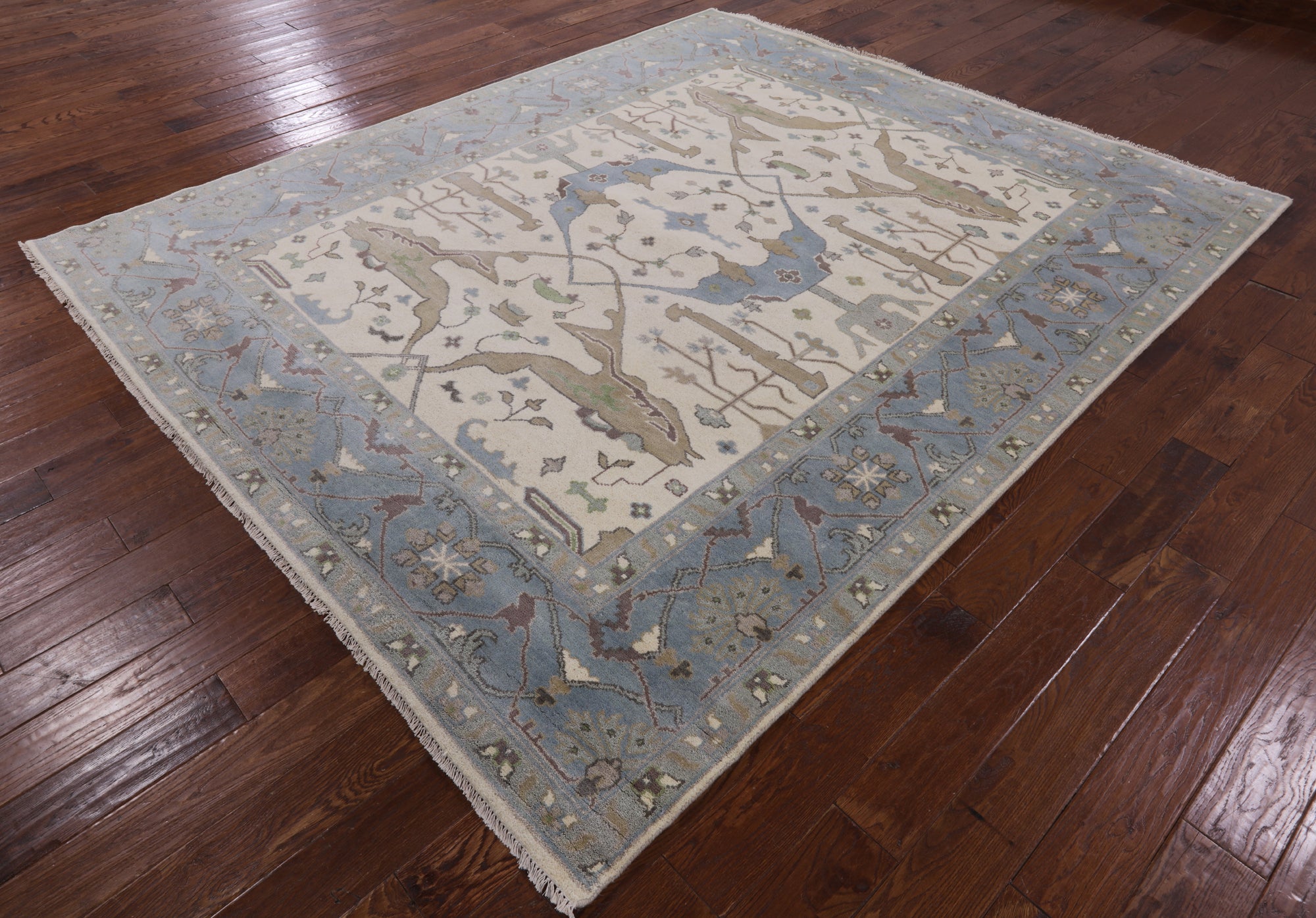 Ivory Turkish Oushak Hand Knotted Wool Area Rug - 8' 1" X 9' 10" - Golden Nile