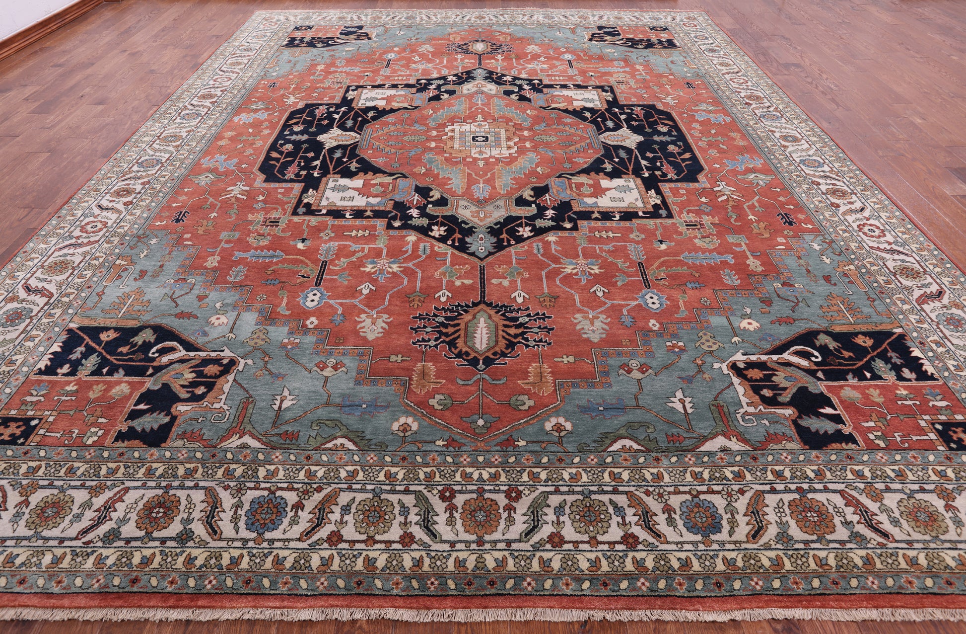 Coral Persian Fine Serapi Handmade Wool Rug - 11' 11" X 14' 11" - Golden Nile