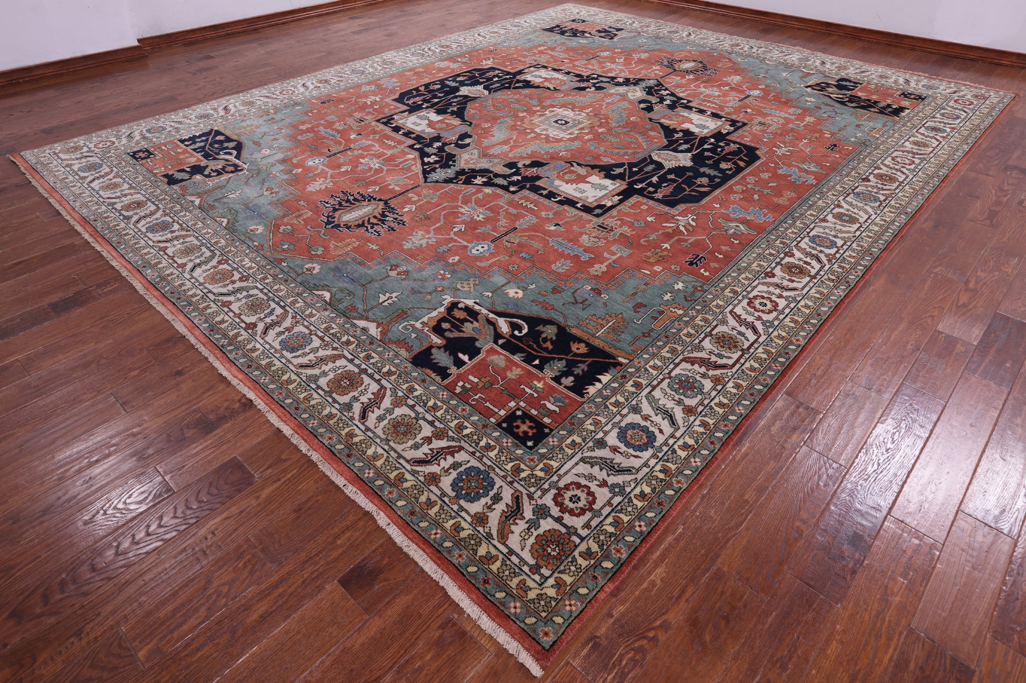 Coral Persian Fine Serapi Handmade Wool Rug - 11' 11" X 14' 11" - Golden Nile