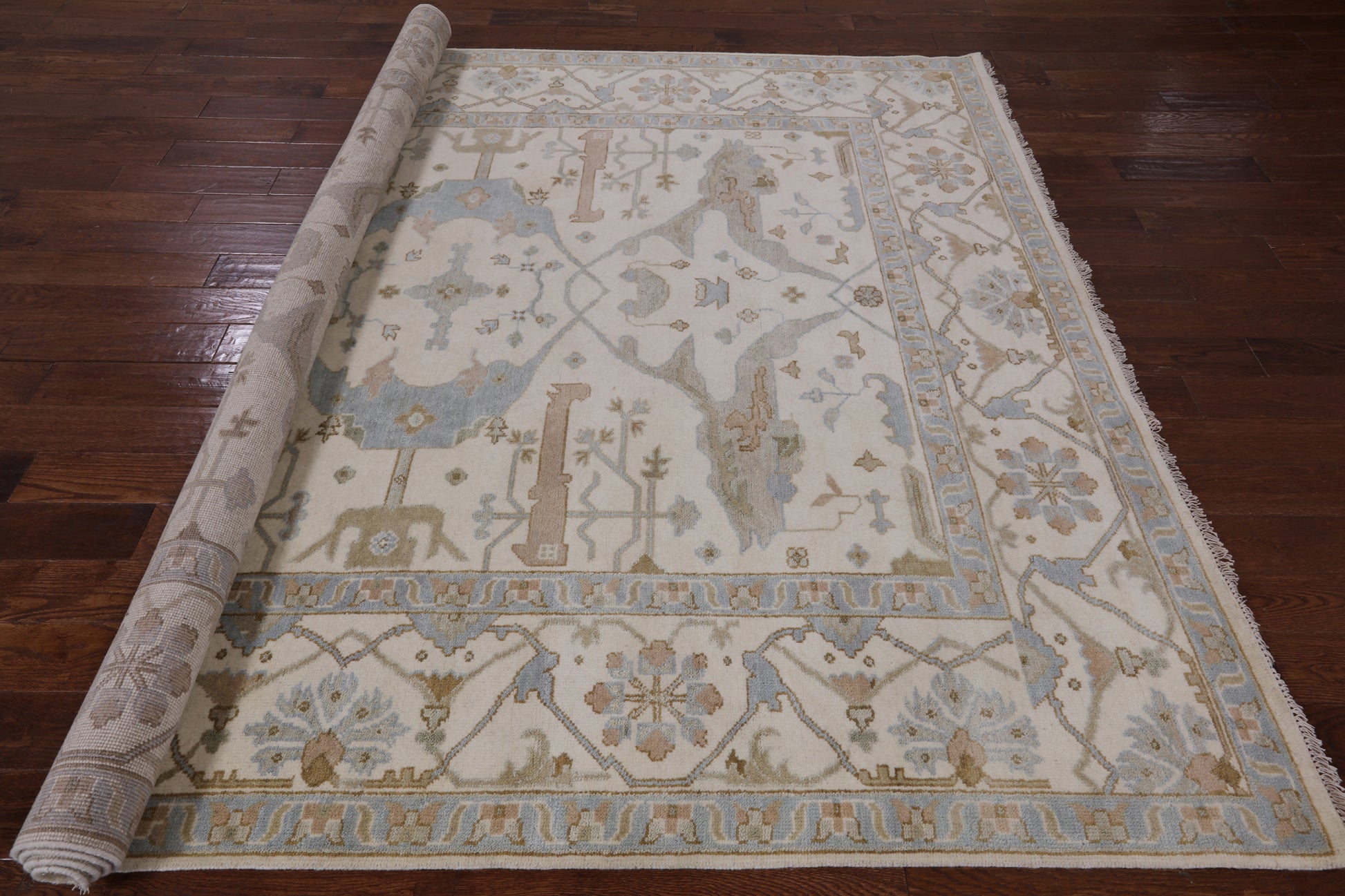 Ivory Turkish Oushak Hand Knotted Wool Area Rug - 8' 3" X 9' 10" - Golden Nile