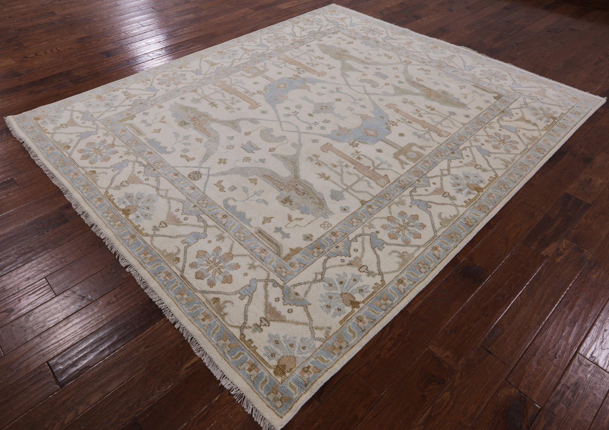 Ivory Turkish Oushak Hand Knotted Wool Area Rug - 8' 3" X 9' 10" - Golden Nile