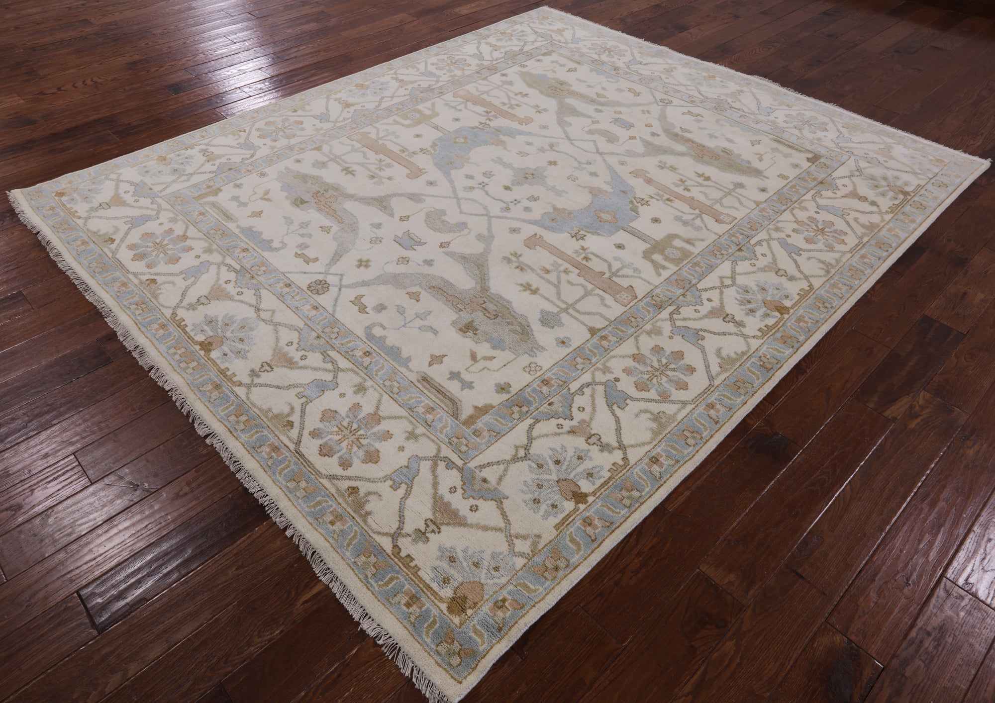 Ivory Turkish Oushak Hand Knotted Wool Area Rug - 8' 3" X 9' 10" - Golden Nile