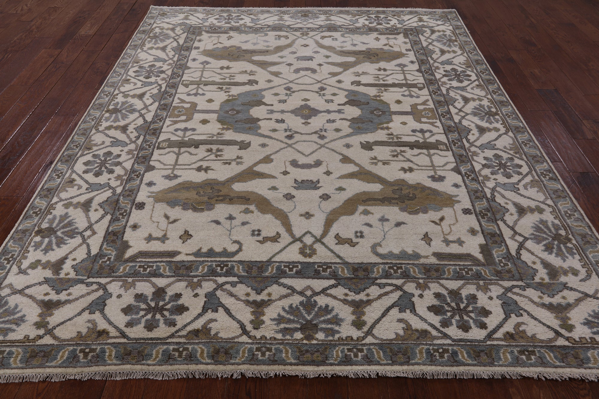 Ivory Turkish Oushak Hand Knotted Wool Area Rug - 8' 1" X 9' 9" - Golden Nile