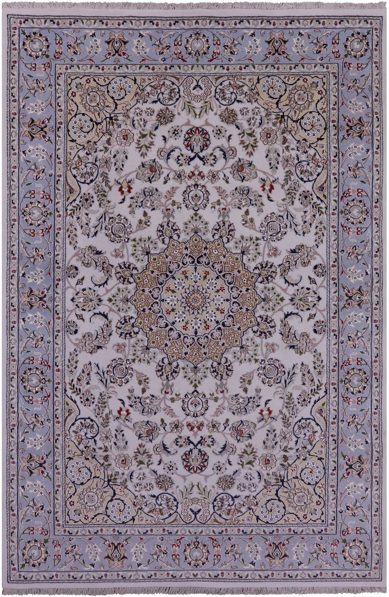Ivory Persian Nain Hand Knotted Wool & Silk Rug - 6' 3" X 9' 4" - Golden Nile