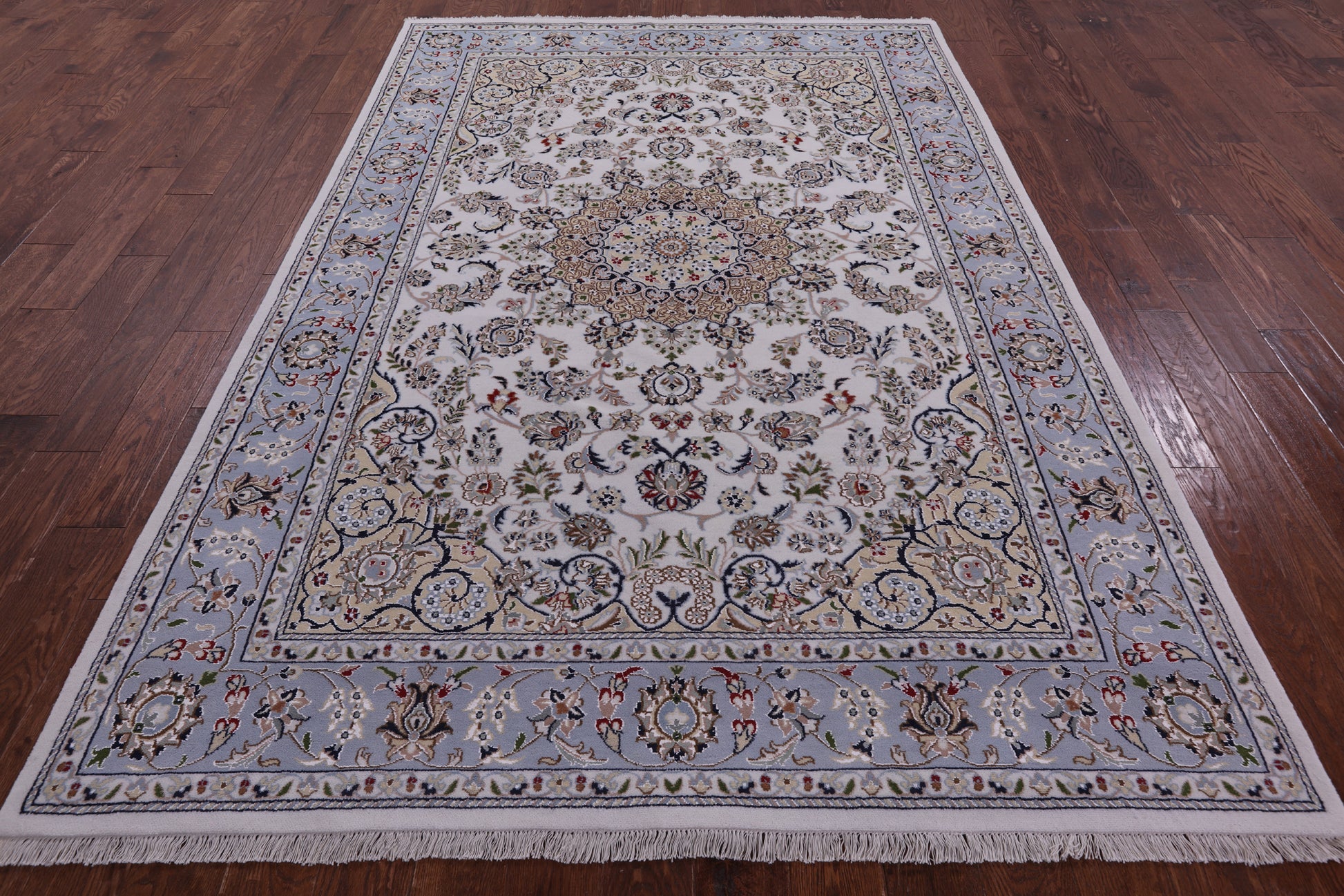 Ivory Persian Nain Hand Knotted Wool & Silk Rug - 6' 3" X 9' 4" - Golden Nile