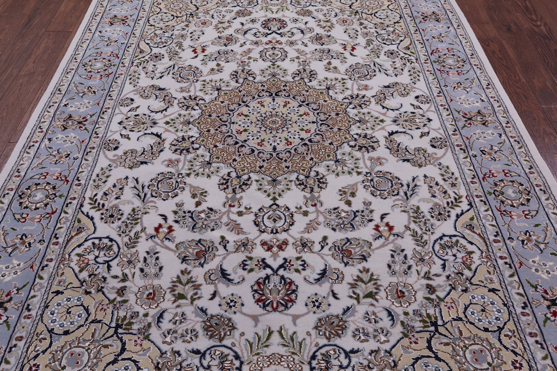 Ivory Persian Nain Hand Knotted Wool & Silk Rug - 6' 3" X 9' 4" - Golden Nile