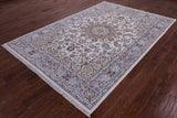 Ivory Persian Nain Hand Knotted Wool & Silk Rug - 6' 3" X 9' 4" - Golden Nile