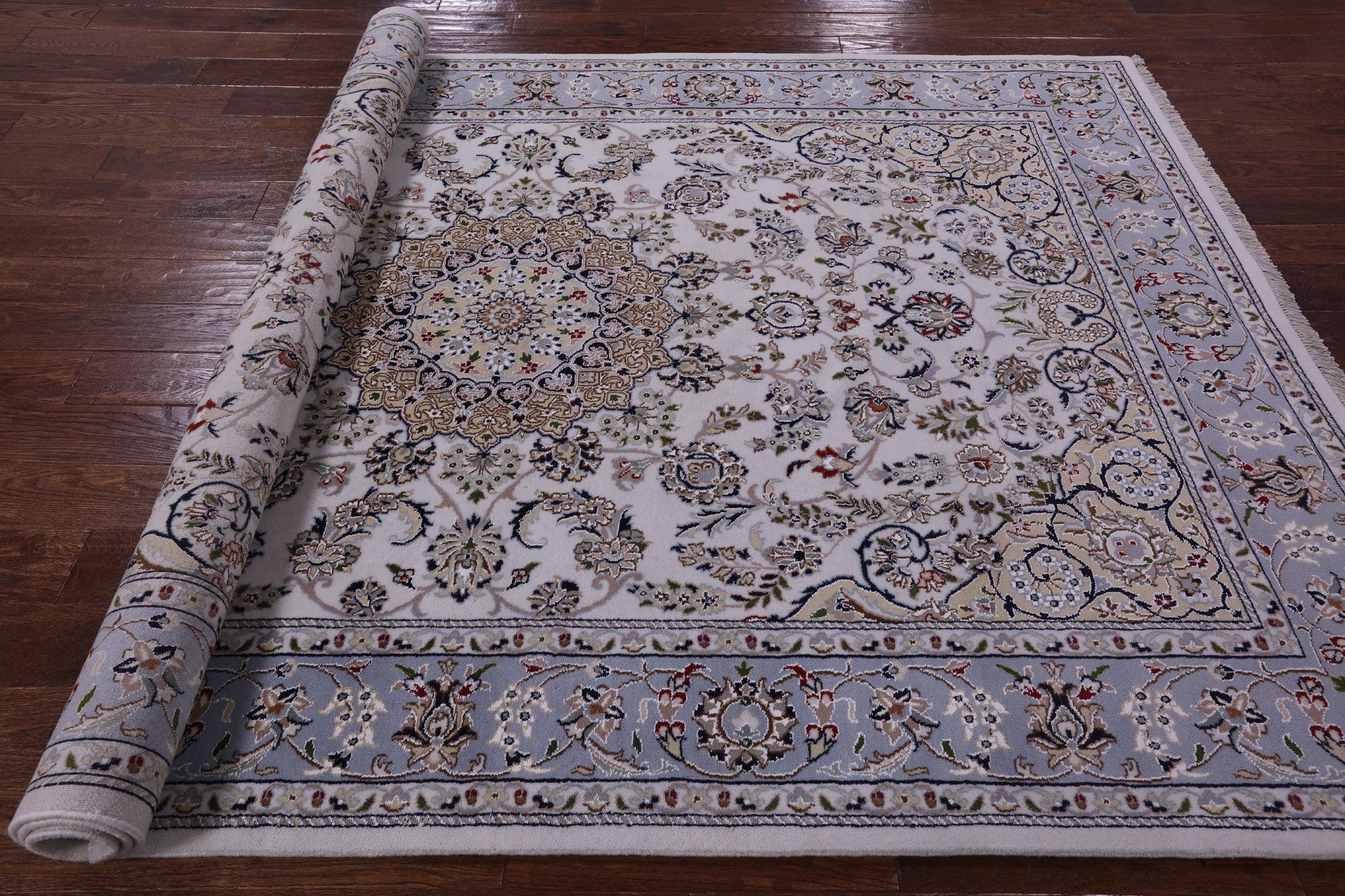 Ivory Persian Nain Hand Knotted Wool & Silk Rug - 6' 3" X 9' 4" - Golden Nile