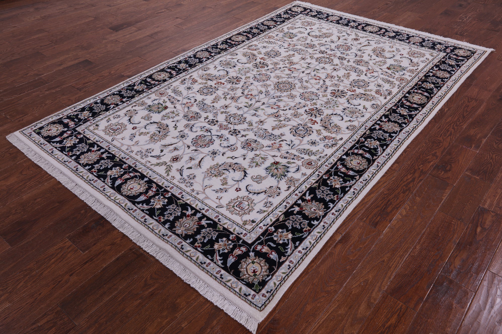 Ivory Persian Nain Hand Knotted Wool & Silk Rug - 5' 10" X 9' 1" - Golden Nile