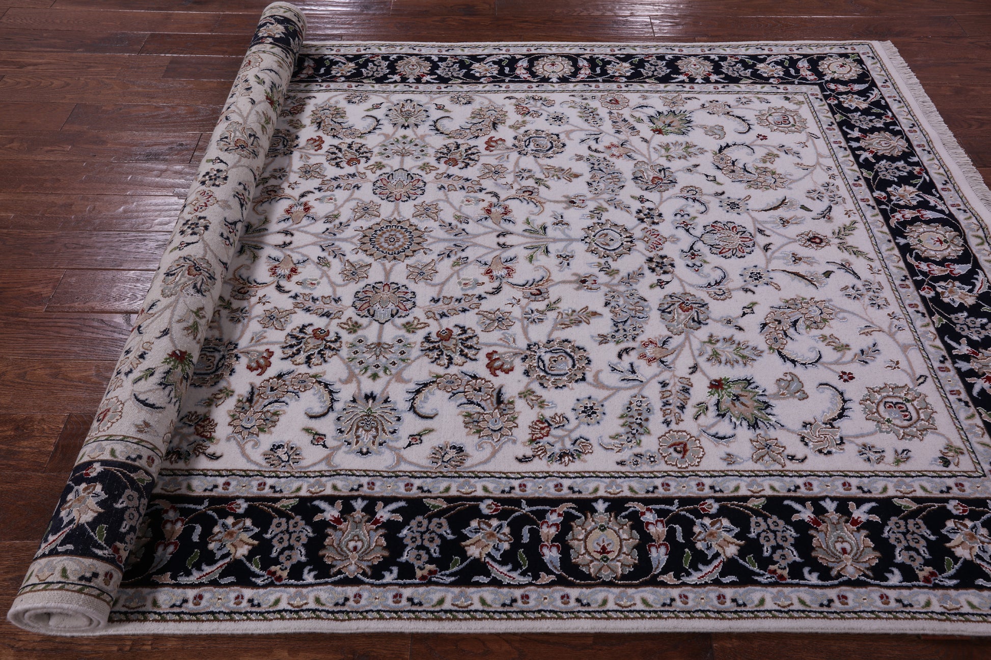 Ivory Persian Nain Hand Knotted Wool & Silk Rug - 5' 10" X 9' 1" - Golden Nile