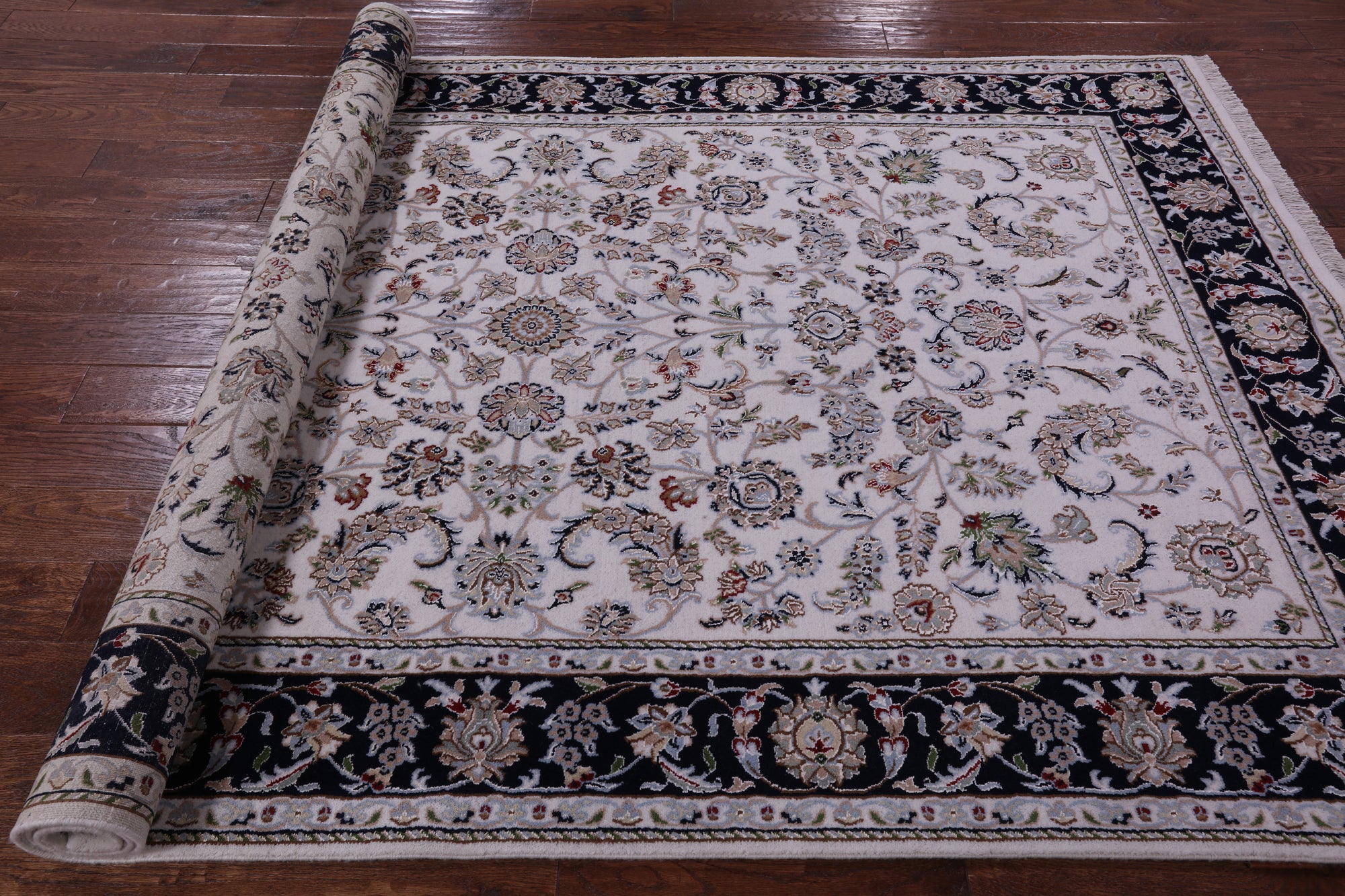 Ivory Persian Nain Hand Knotted Wool & Silk Rug - 5' 10" X 9' 1" - Golden Nile
