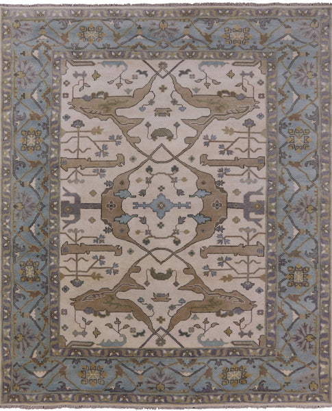 Ivory Turkish Oushak Hand Knotted Wool Area Rug - 8' 2" X 9' 10" - Golden Nile