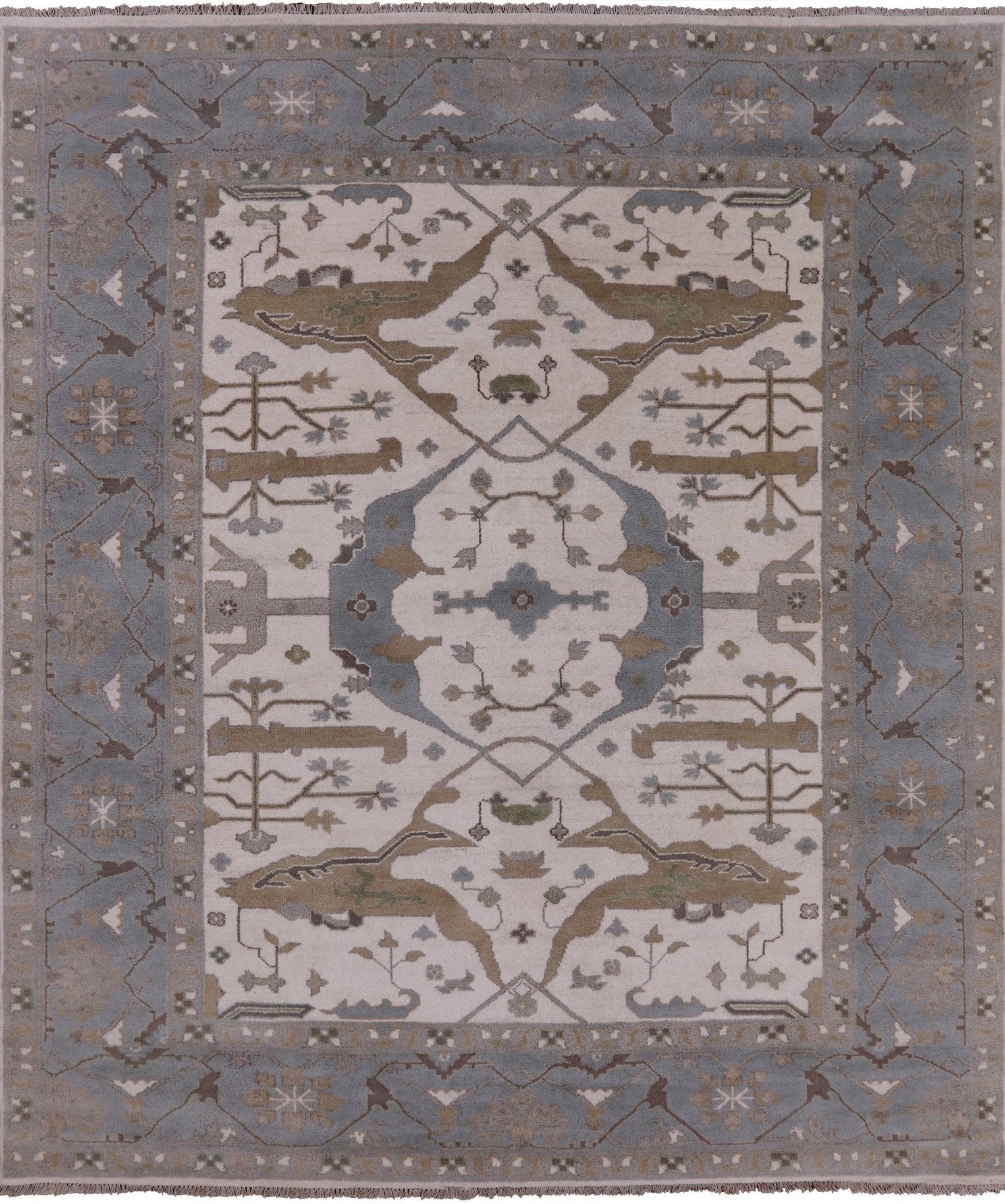 Ivory Turkish Oushak Hand Knotted Wool Area Rug - 8' 2" X 9' 7" - Golden Nile
