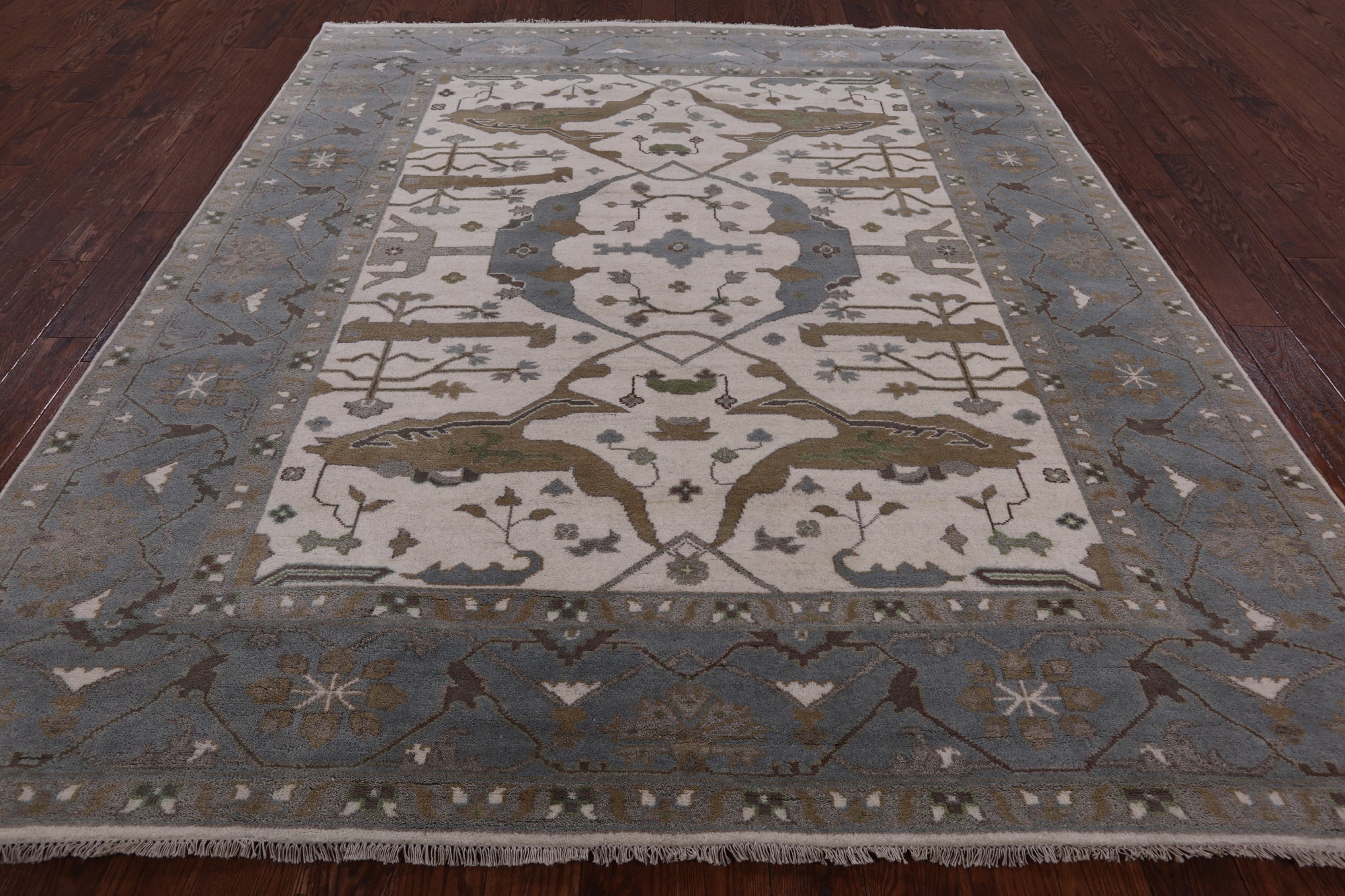 Ivory Turkish Oushak Hand Knotted Wool Area Rug - 8' 2" X 9' 7" - Golden Nile
