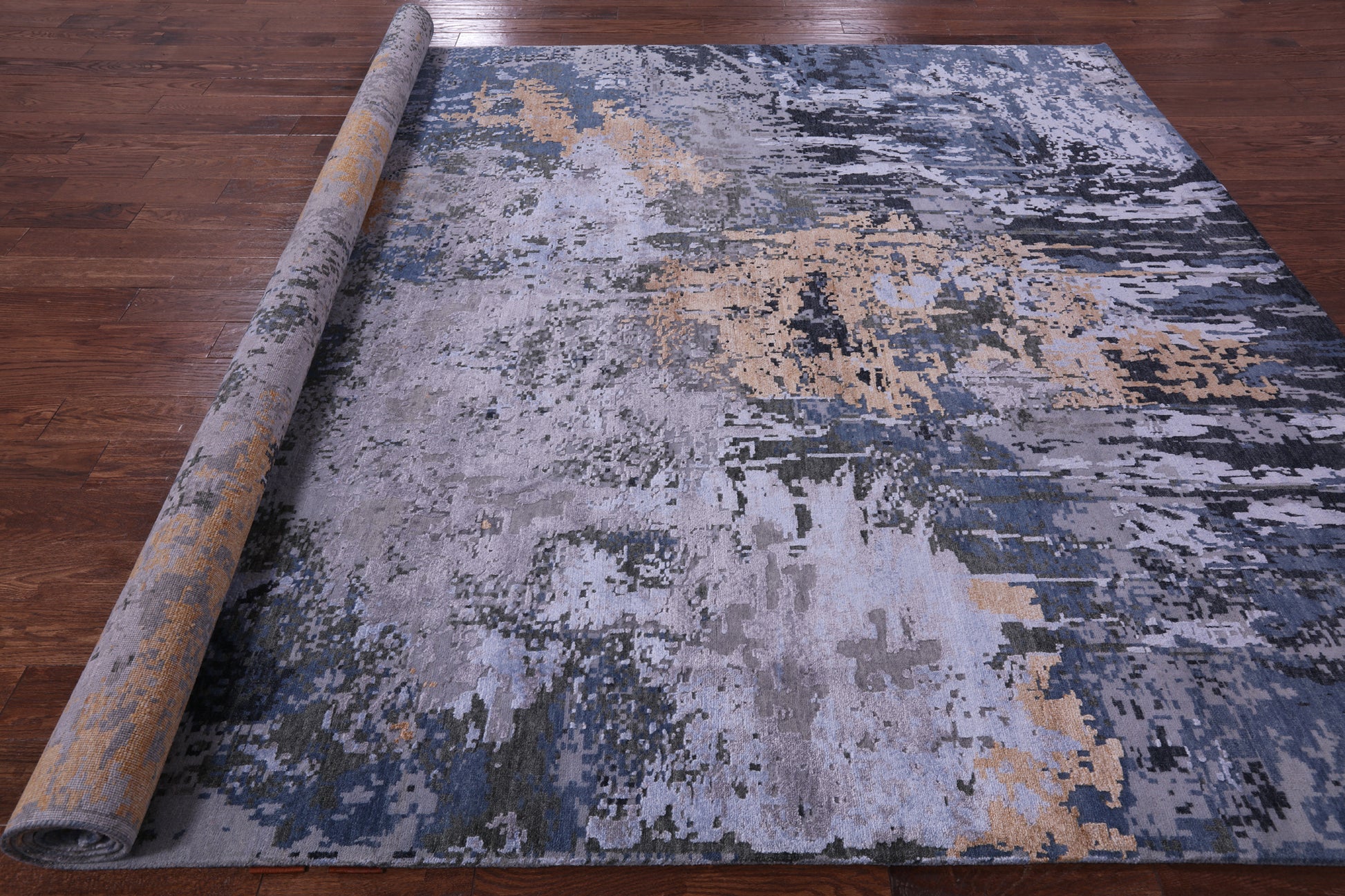 Abstract Contemporary Hand Knotted Wool & Silk Rug - 9' 0" X 12' 0" - Golden Nile