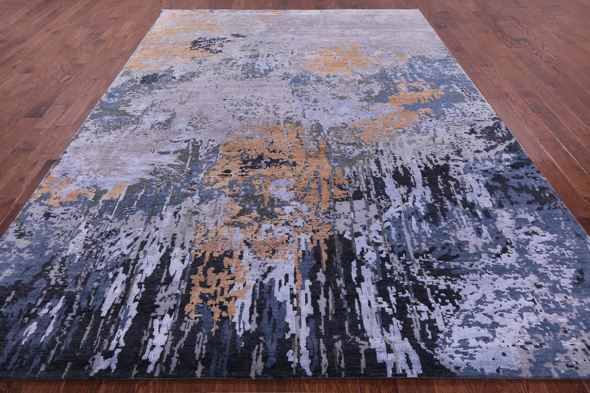 Abstract Contemporary Hand Knotted Wool & Silk Rug - 9' 0" X 12' 0" - Golden Nile