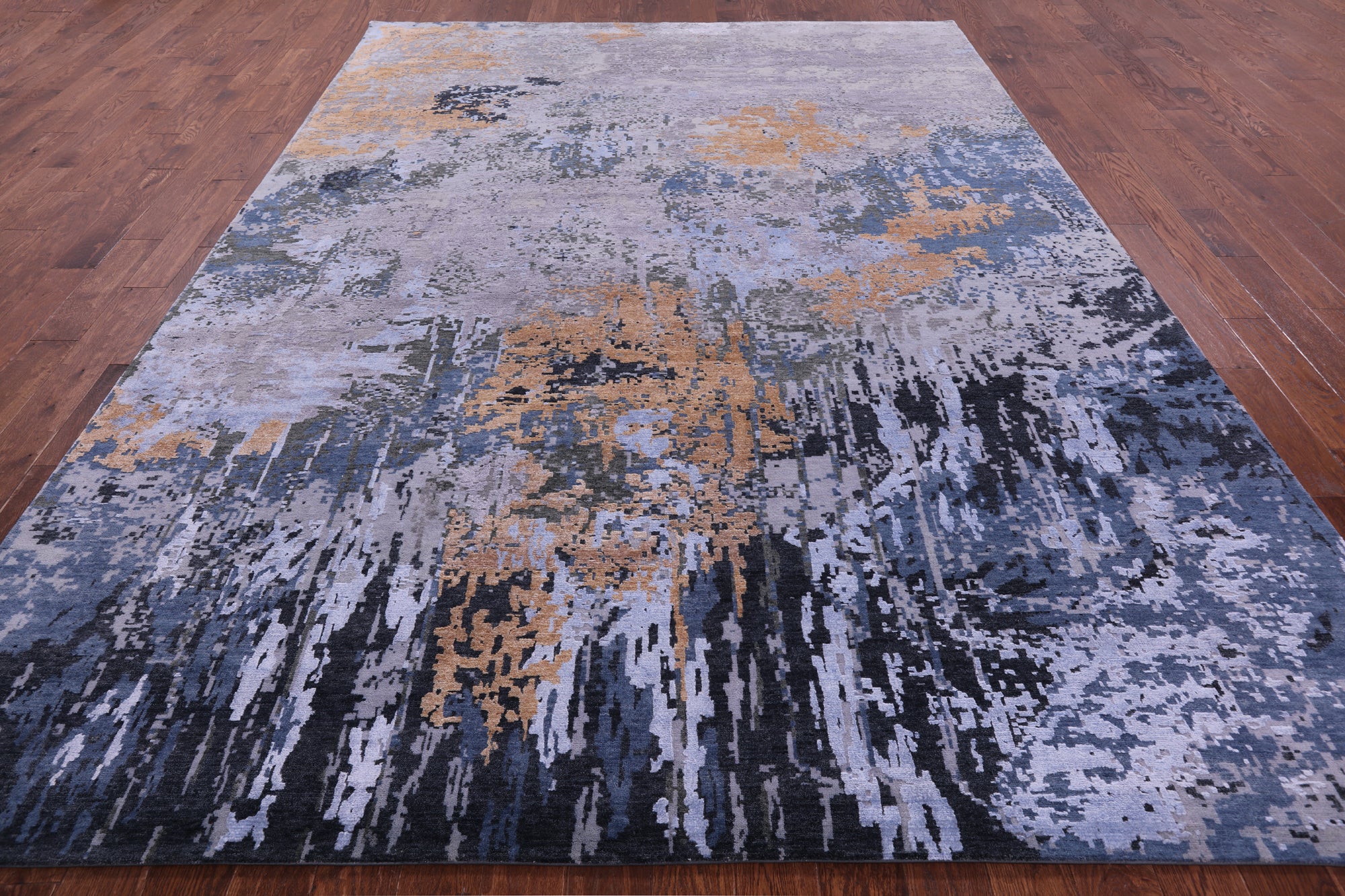 Abstract Contemporary Hand Knotted Wool & Silk Rug - 9' 0" X 12' 0" - Golden Nile