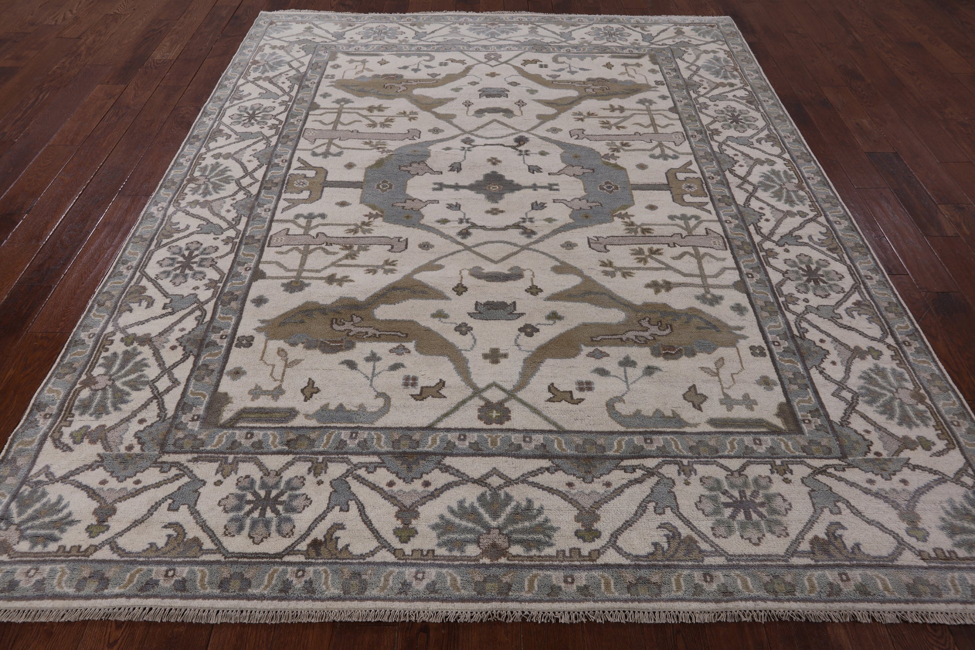 Ivory Turkish Oushak Hand Knotted Wool Area Rug - 8' 2" X 9' 8" - Golden Nile