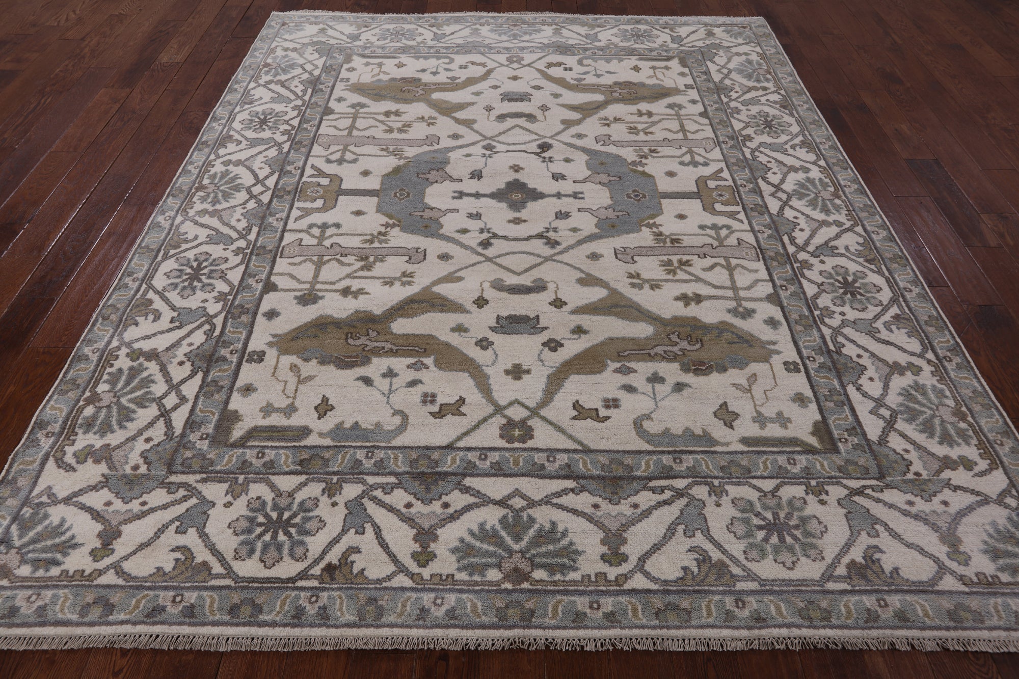 Ivory Turkish Oushak Hand Knotted Wool Area Rug - 8' 2" X 9' 8" - Golden Nile