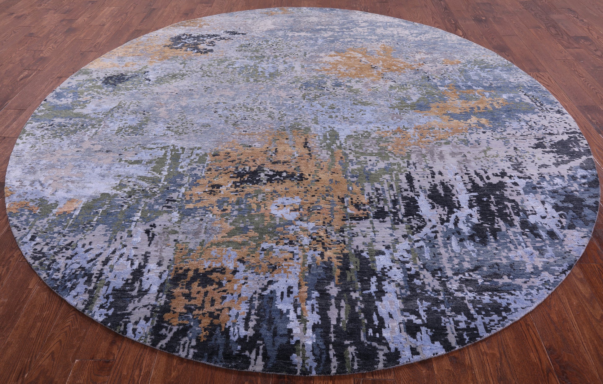 Round Contemporary Hand Knotted Wool & Silk Rug - 10' 0" X 10' 0" - Golden Nile