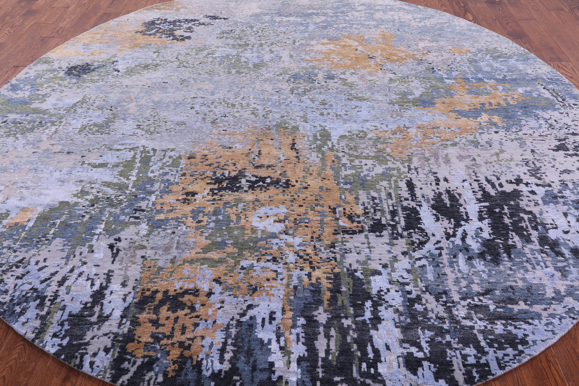 Round Contemporary Hand Knotted Wool & Silk Rug - 10' 0" X 10' 0" - Golden Nile