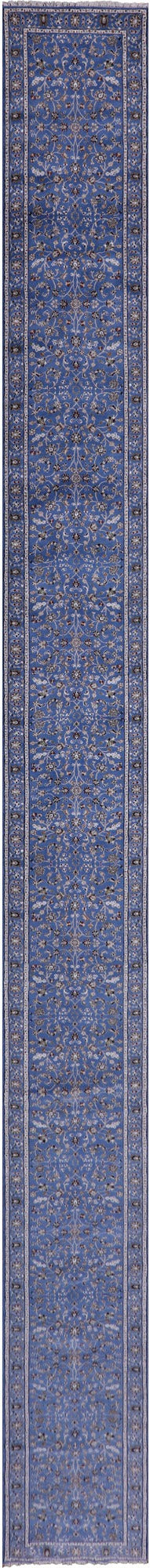 Blue Persian Nain Hand Knotted Wool & Silk Runner Rug - 2' 9" X 31' 10" - Golden Nile