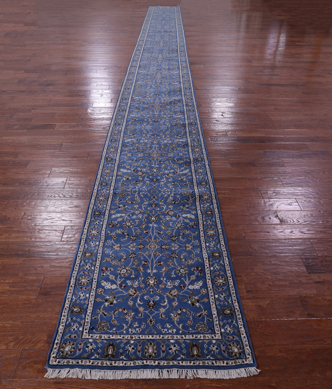 Blue Persian Nain Hand Knotted Wool & Silk Runner Rug - 2' 9" X 31' 10" - Golden Nile