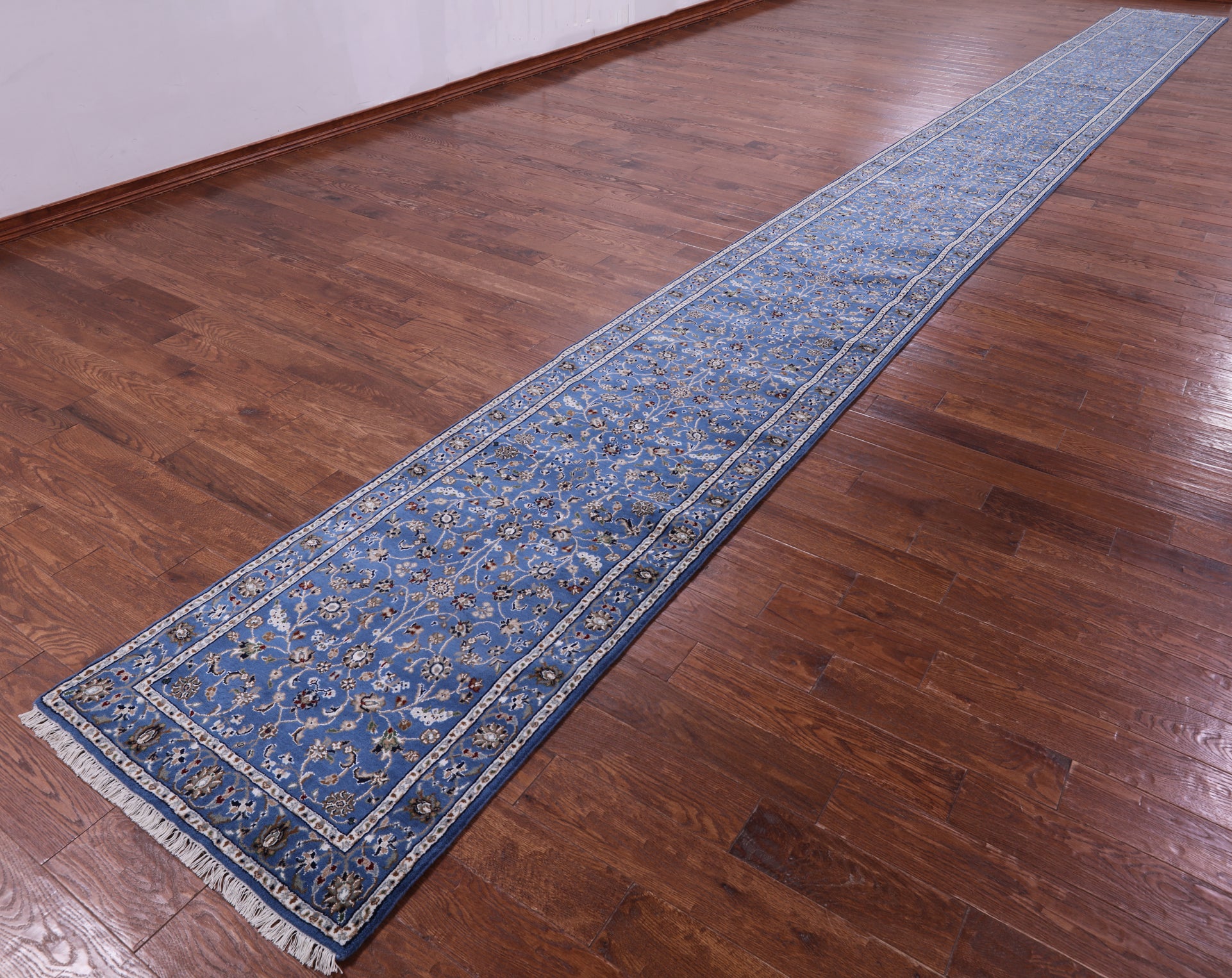 Blue Persian Nain Hand Knotted Wool & Silk Runner Rug - 2' 9" X 31' 10" - Golden Nile