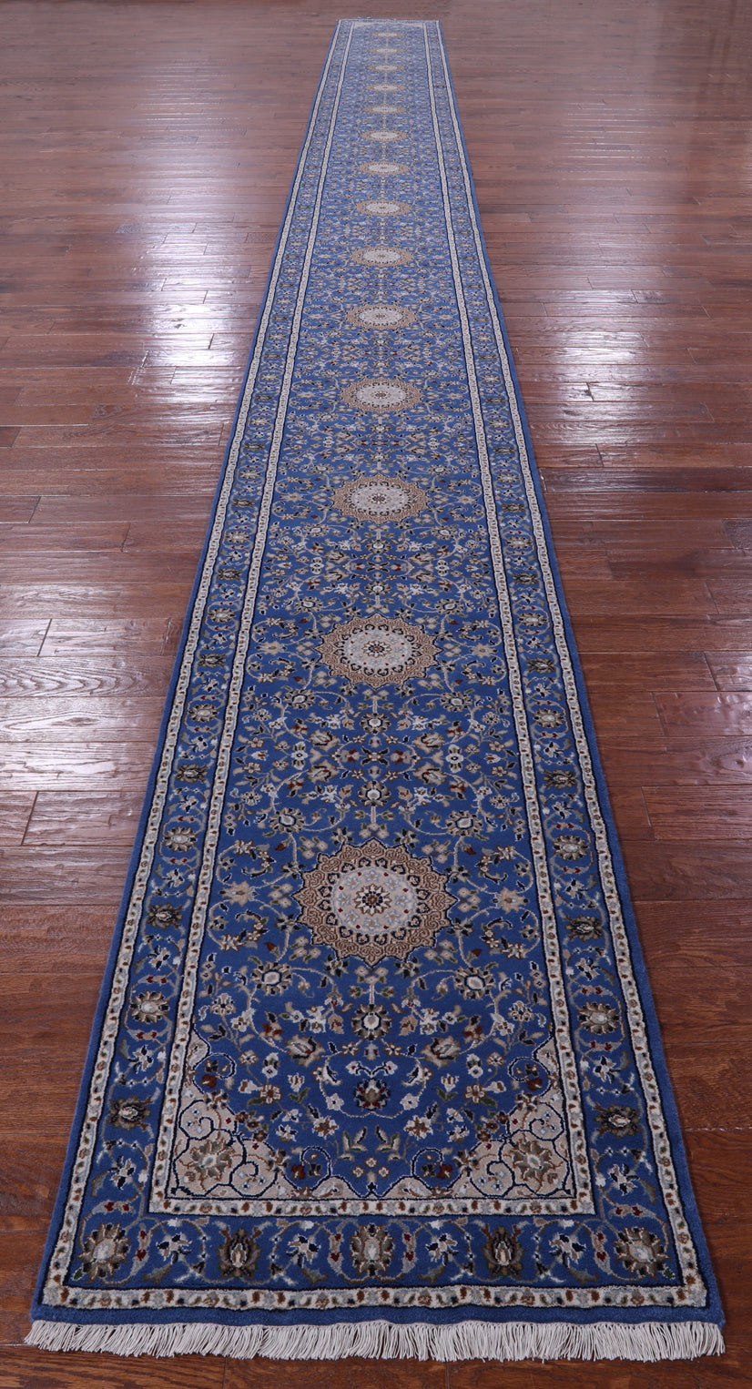 Blue Persian Nain Hand Knotted Wool & Silk Runner Rug - 2' 7" X 29' 9" - Golden Nile