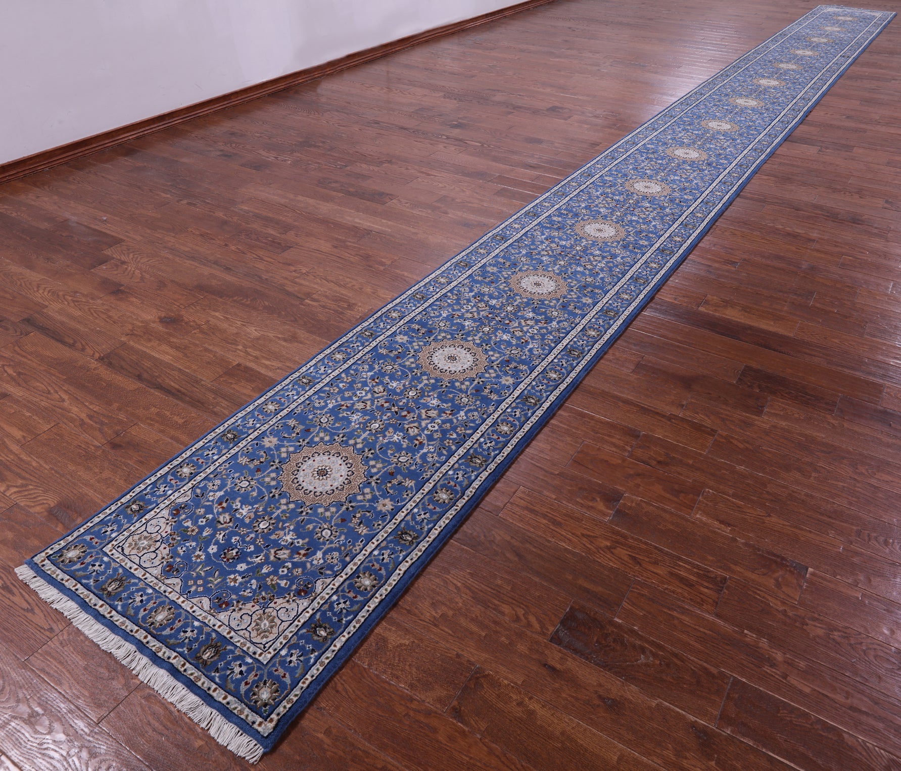 Blue Persian Nain Hand Knotted Wool & Silk Runner Rug - 2' 7" X 29' 9" - Golden Nile