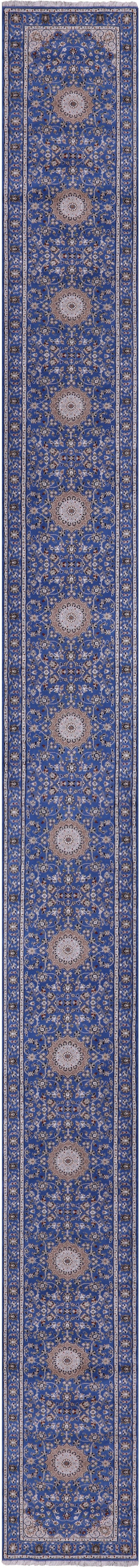 Blue Persian Nain Hand Knotted Wool & Silk Runner Rug - 2' 7" X 29' 9" - Golden Nile