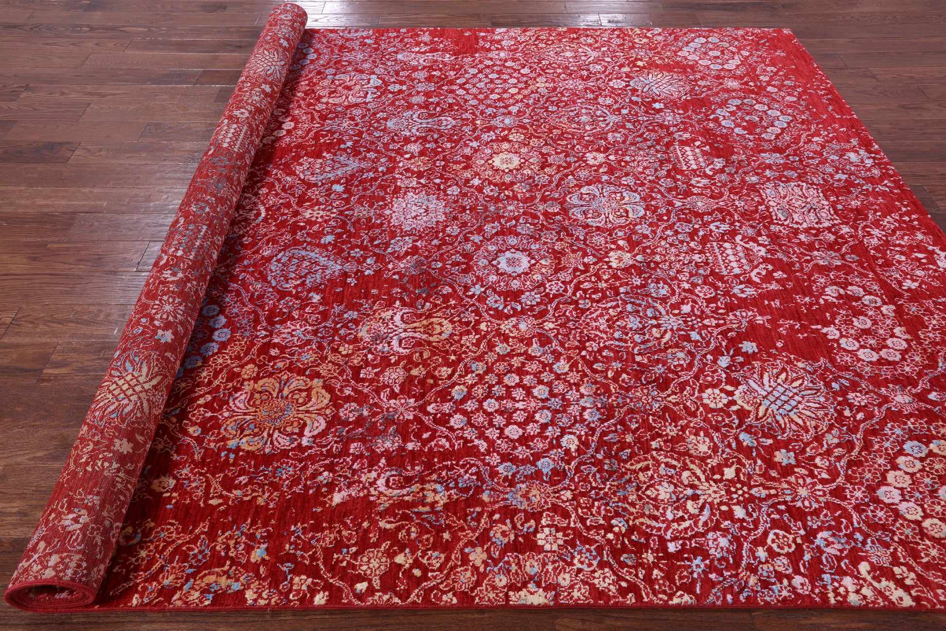Red Contemporary Hand Knotted Wool & Silk Rug - 7' 10" X 10' 5" - Golden Nile