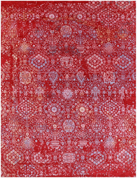 Red Contemporary Hand Knotted Wool & Silk Rug - 7' 10" X 10' 5" - Golden Nile