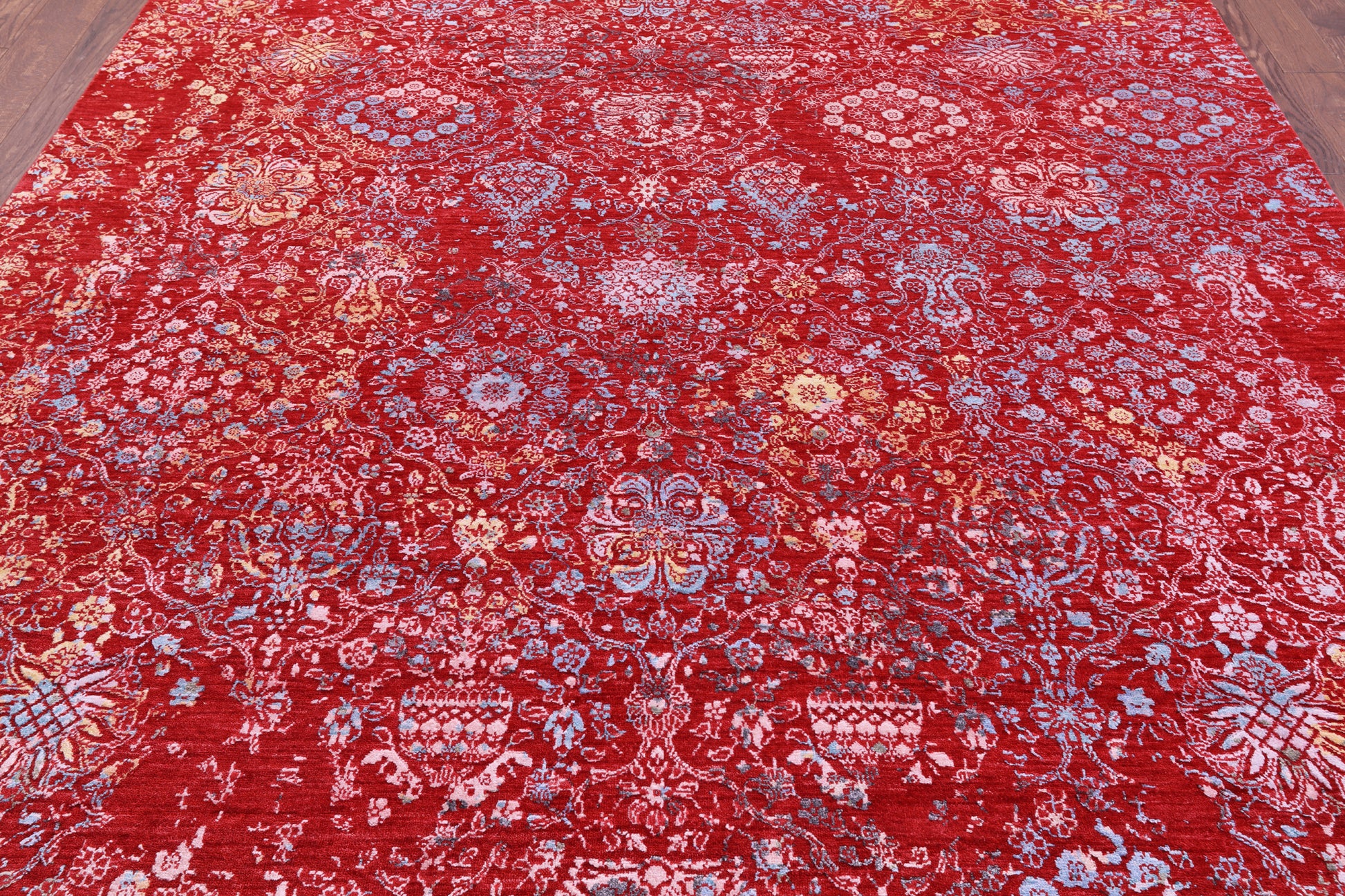 Red Contemporary Hand Knotted Wool & Silk Rug - 7' 10" X 10' 5" - Golden Nile