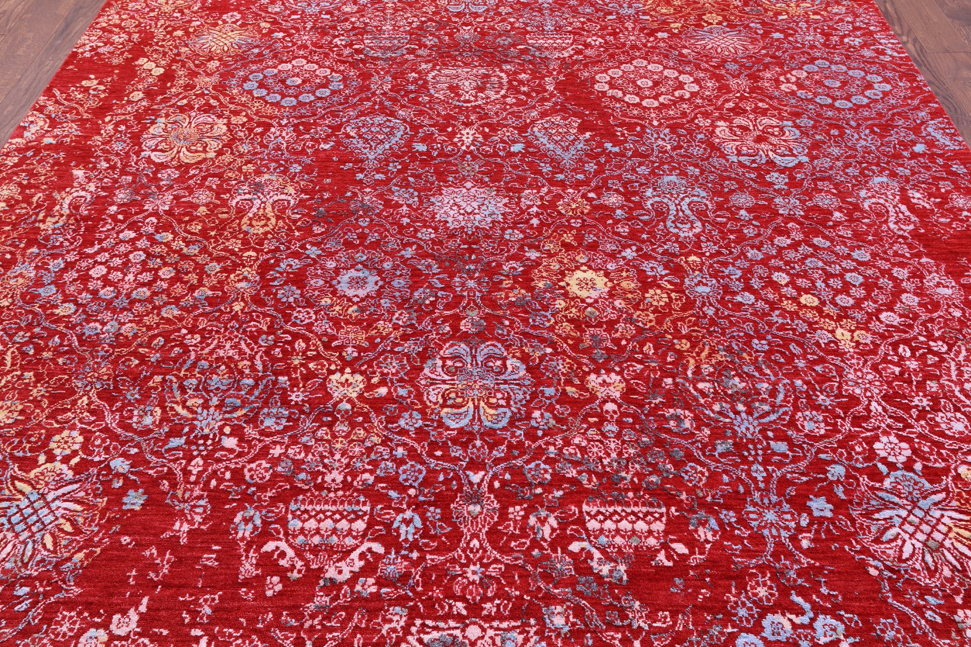 Red Contemporary Hand Knotted Wool & Silk Rug - 7' 10" X 10' 5" - Golden Nile