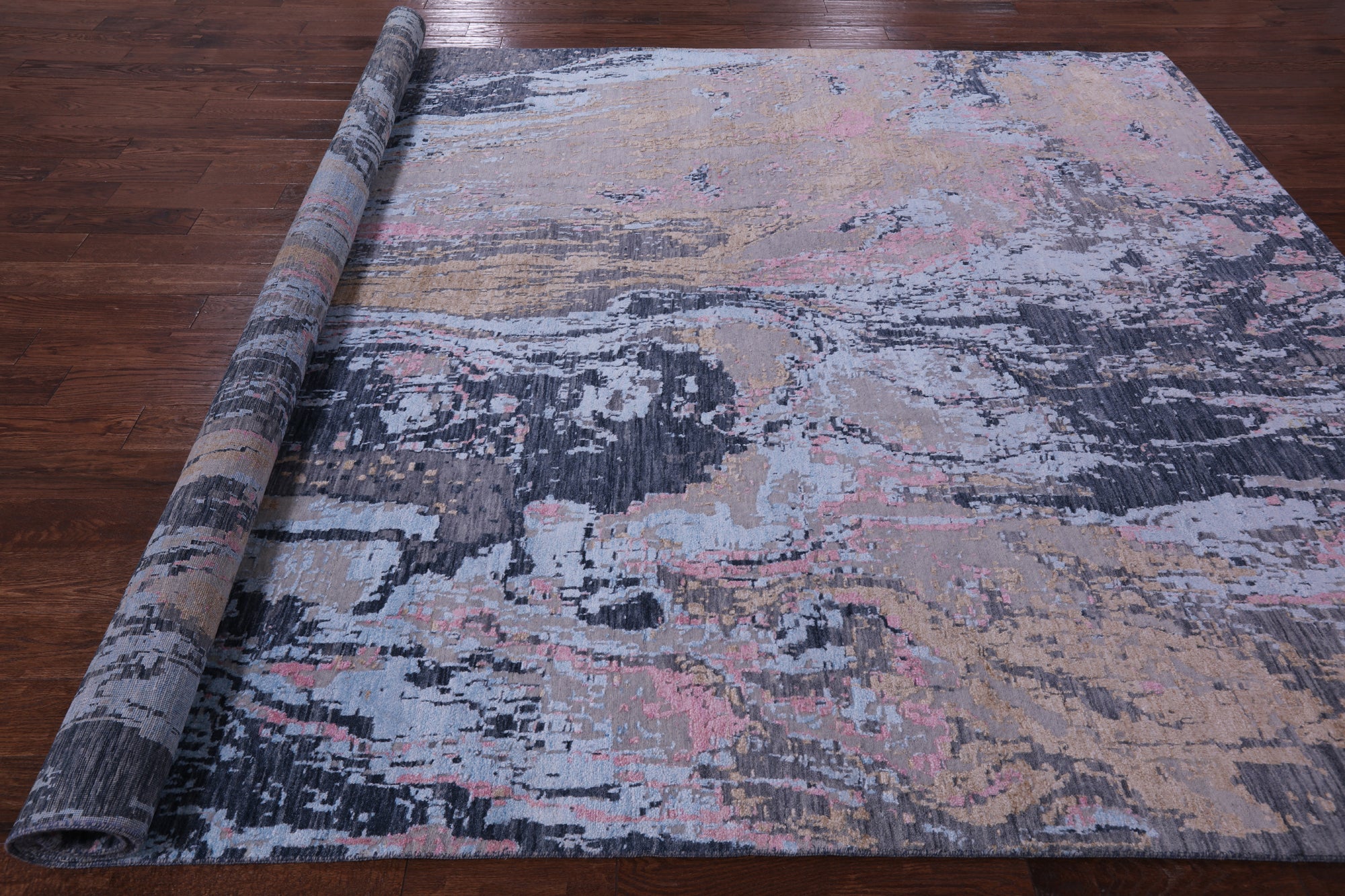 Abstract Contemporary Hand Knotted Wool & Silk Rug - 8' 11" X 12' 1" - Golden Nile