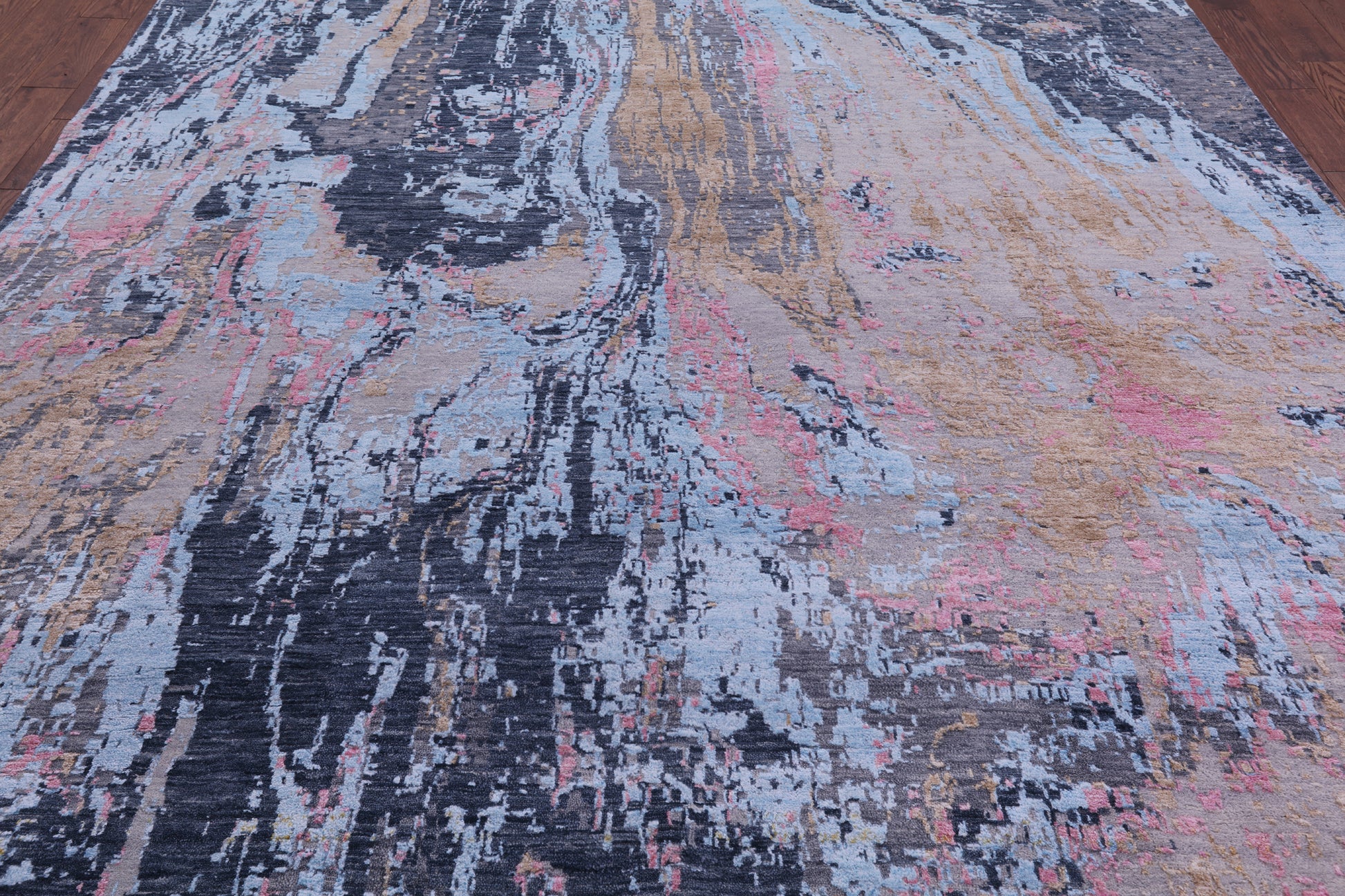Abstract Contemporary Hand Knotted Wool & Silk Rug - 8' 11" X 12' 1" - Golden Nile